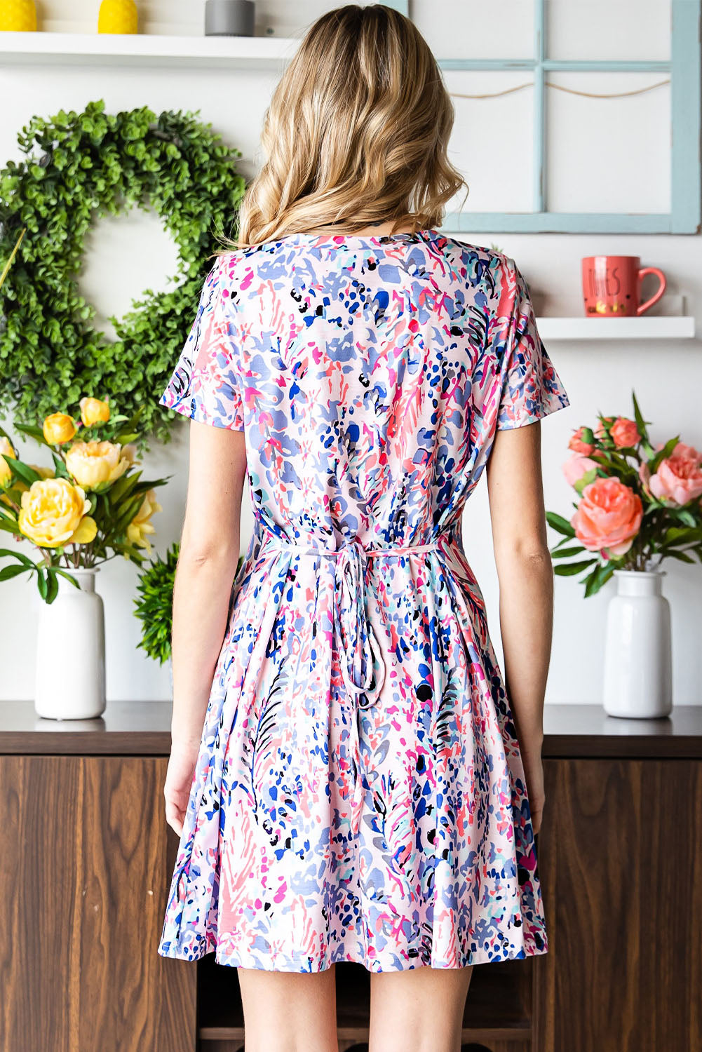 Abstract Print Wrap V Neck Flutter Sleeve Mid Length Summer Dress