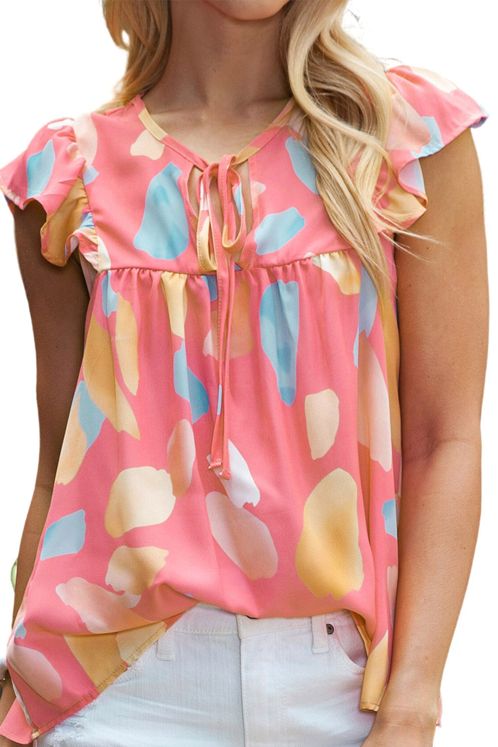 Light Blue Abstract Colorblock Ruffle Sleeveless Blouse