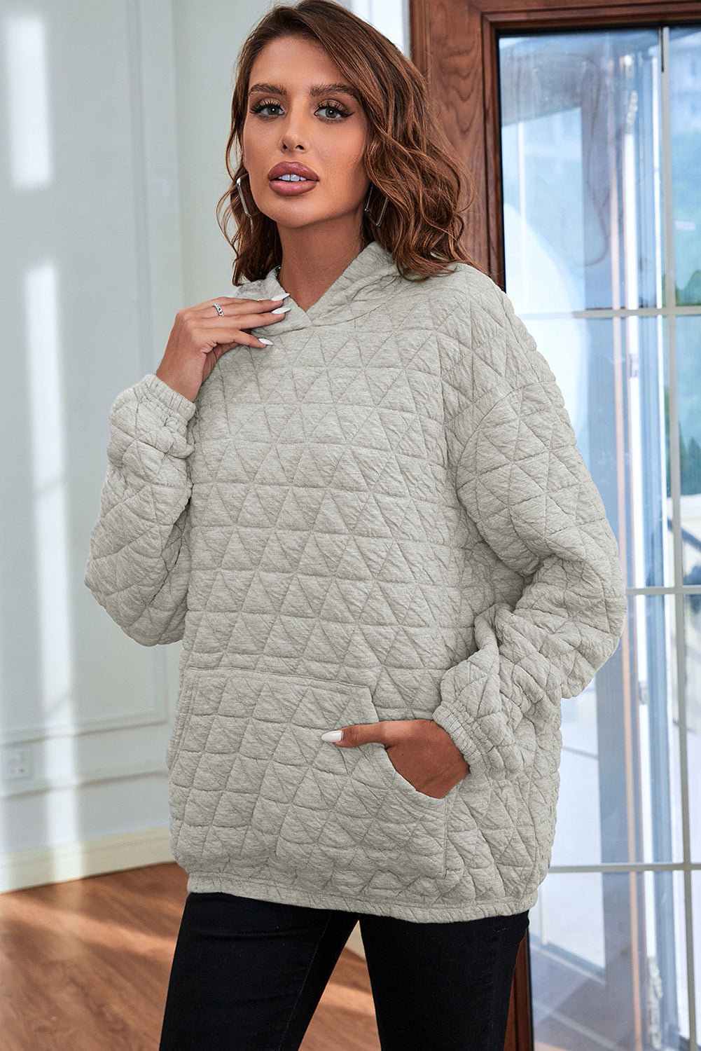 Coffee Thermal Quilted Kangaroo Pocket Hoodie