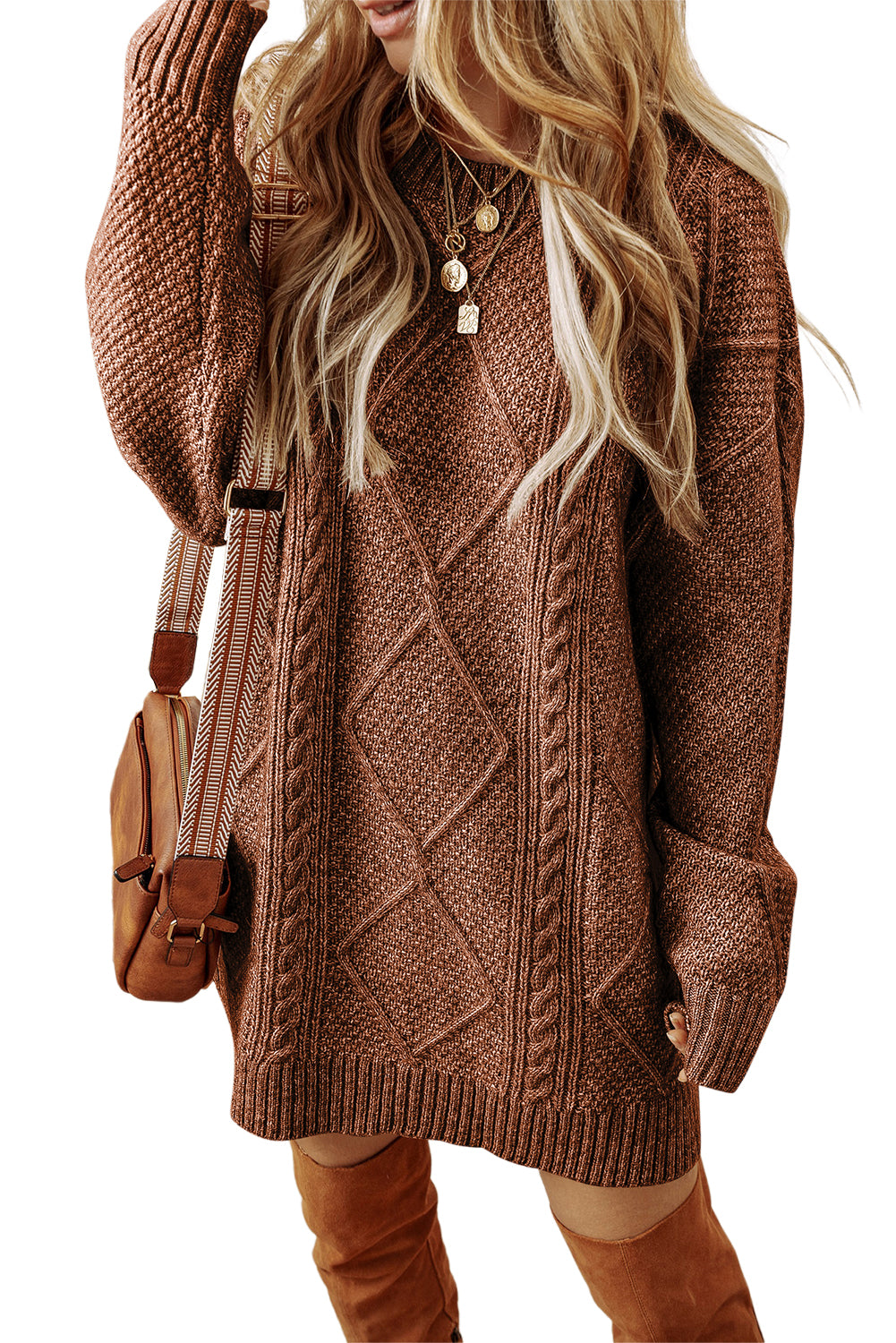 Twist Cable Knit Drop Shoulder Loose Fit Sweater Dress