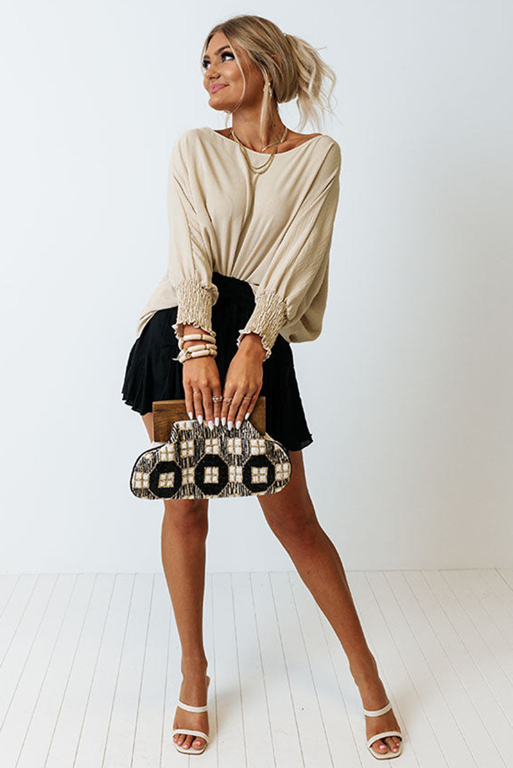 Casual Shirred Cuffs Half Sleeve Top