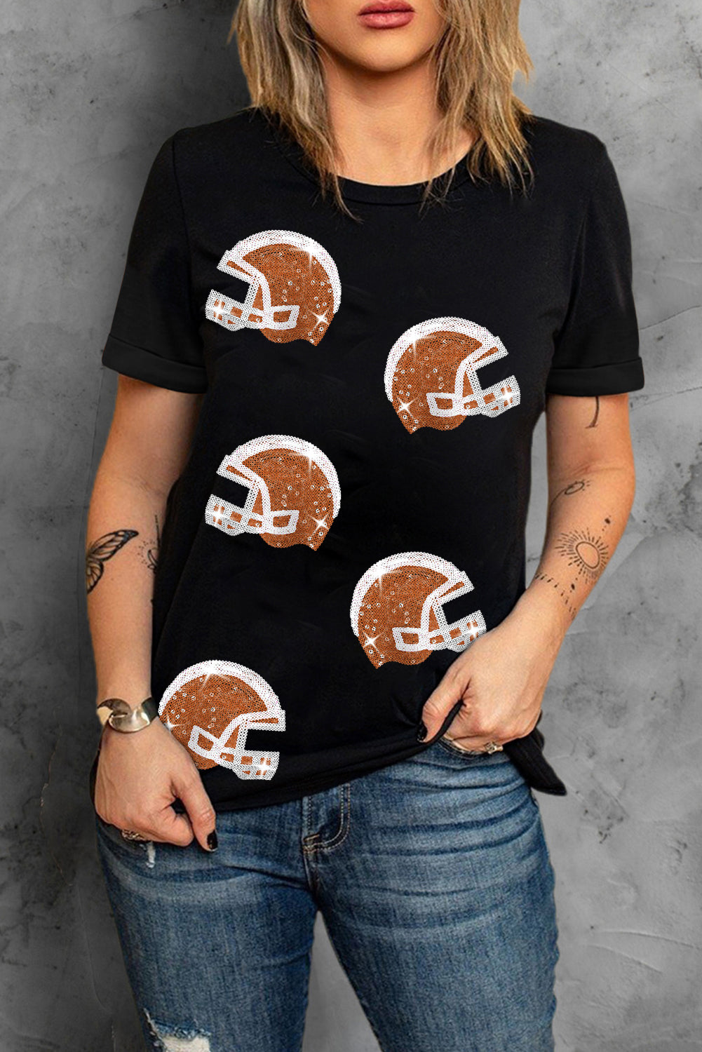 Black Sequin Footballl Helmet Graphic Crewneck T Shirt