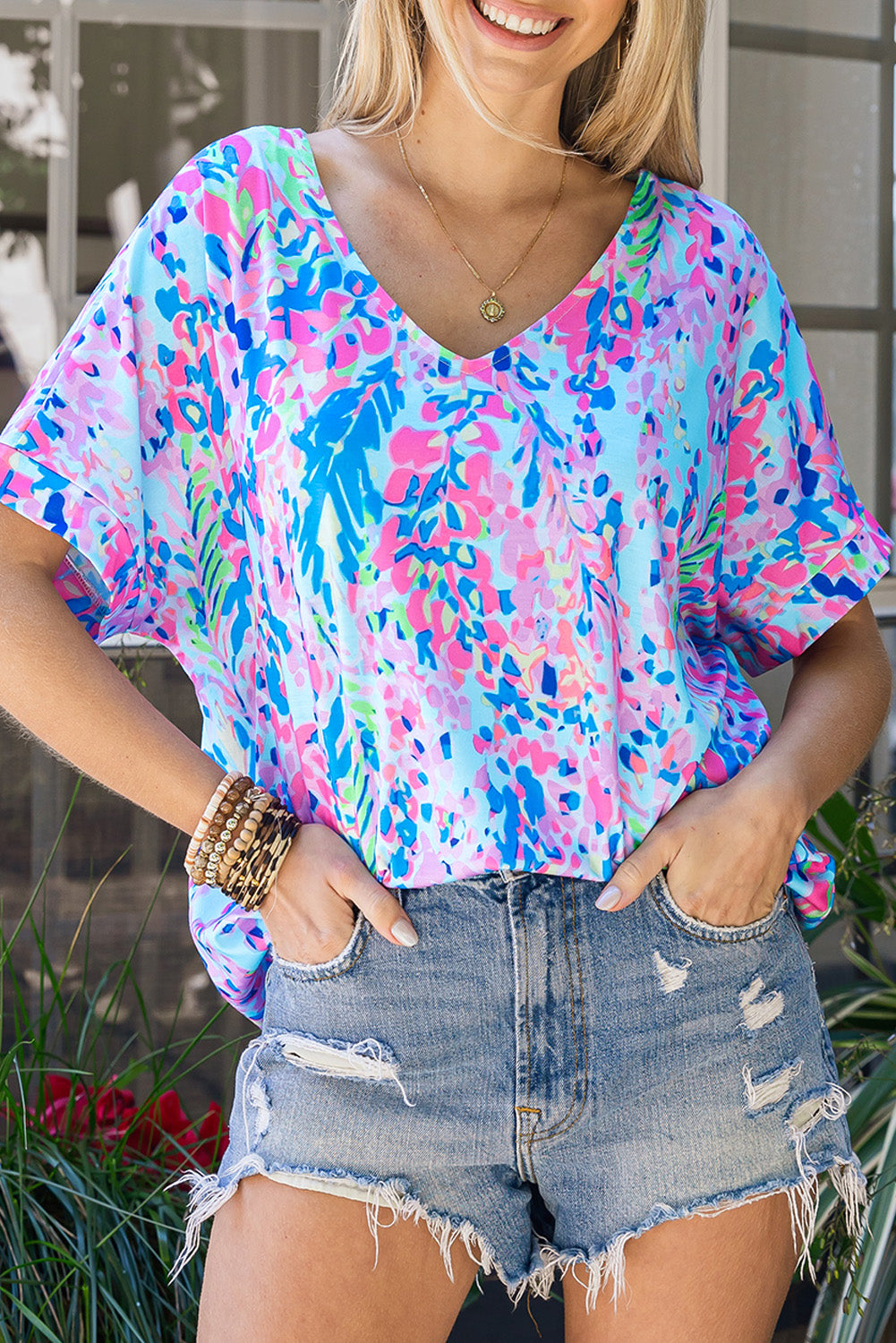 Abstract Print Wrap V Neck Flutter Sleeve Mid Length Summer Dress