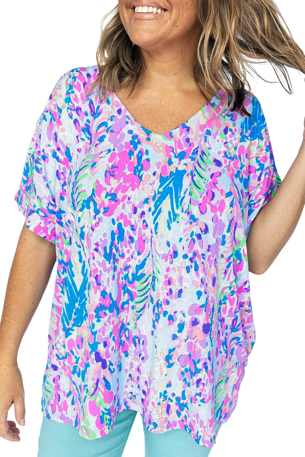 Abstract Print Wrap V Neck Flutter Sleeve Mid Length Summer Dress
