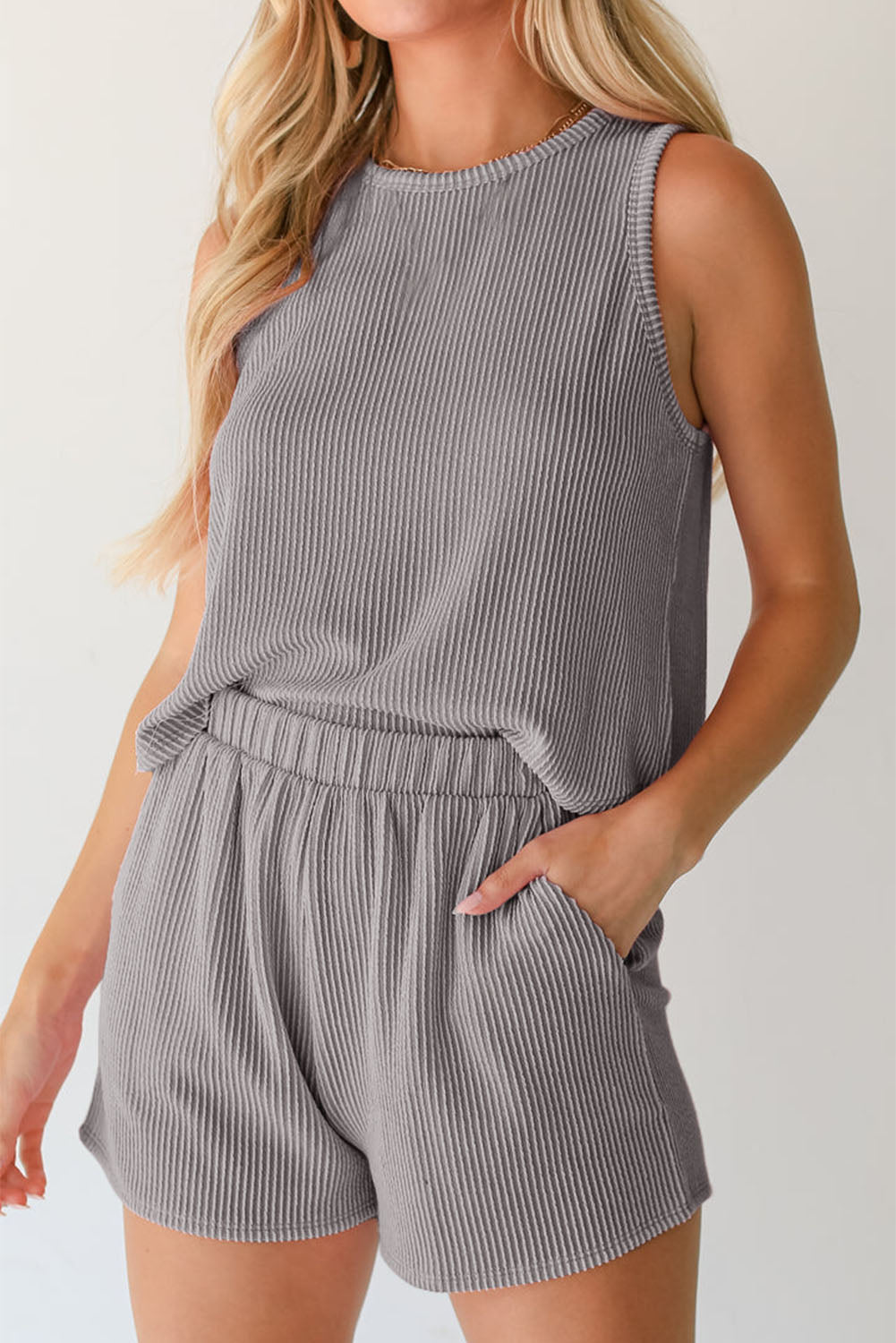 Ribbed Sleeveless Top and Pocketed Shorts Set