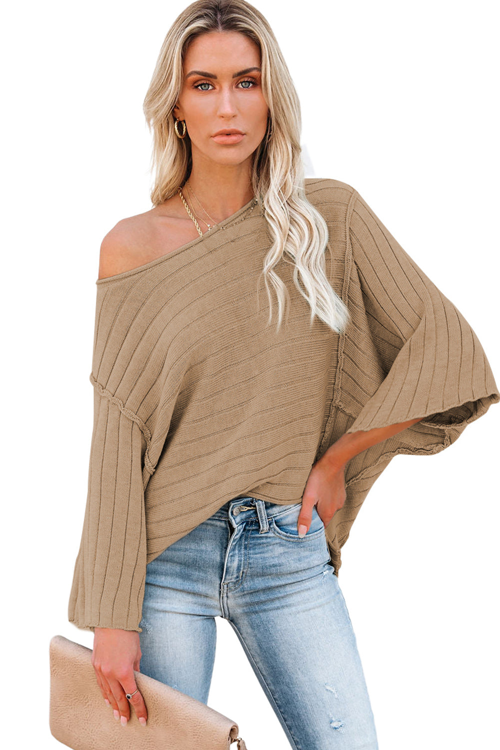 Brown Ribbed Knit Exposed Seam Dolman Sweater
