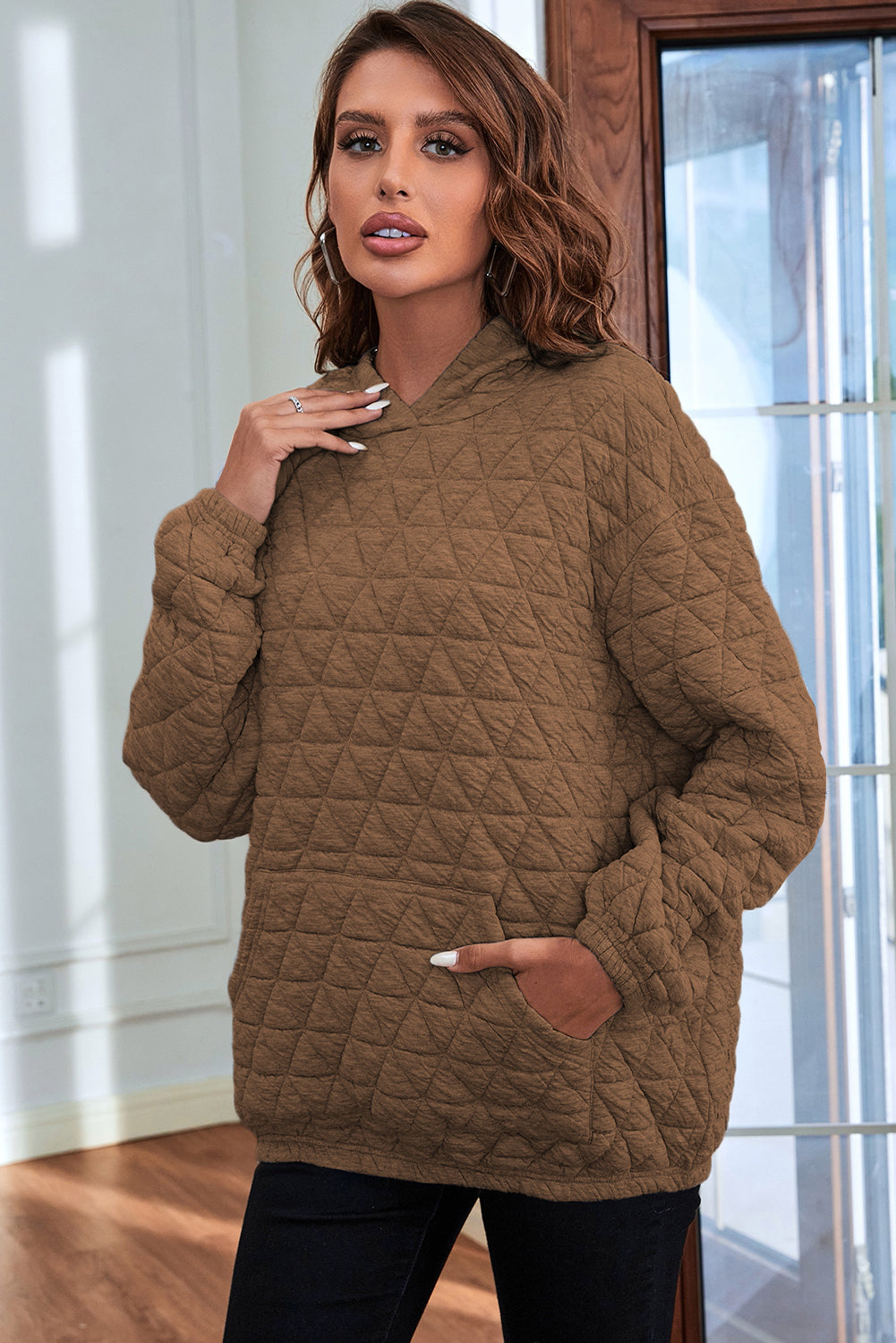 Coffee Thermal Quilted Kangaroo Pocket Hoodie