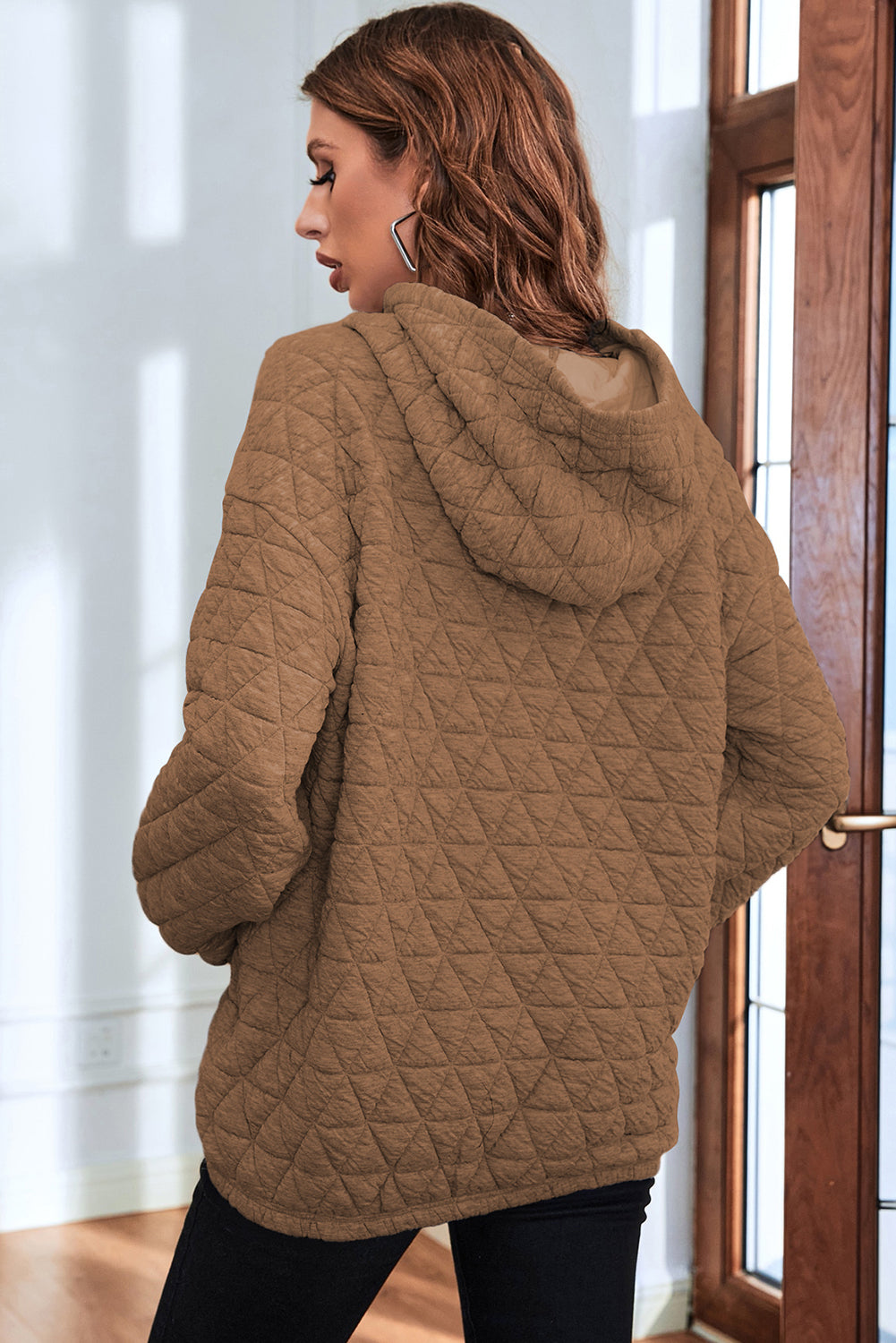 Coffee Thermal Quilted Kangaroo Pocket Hoodie