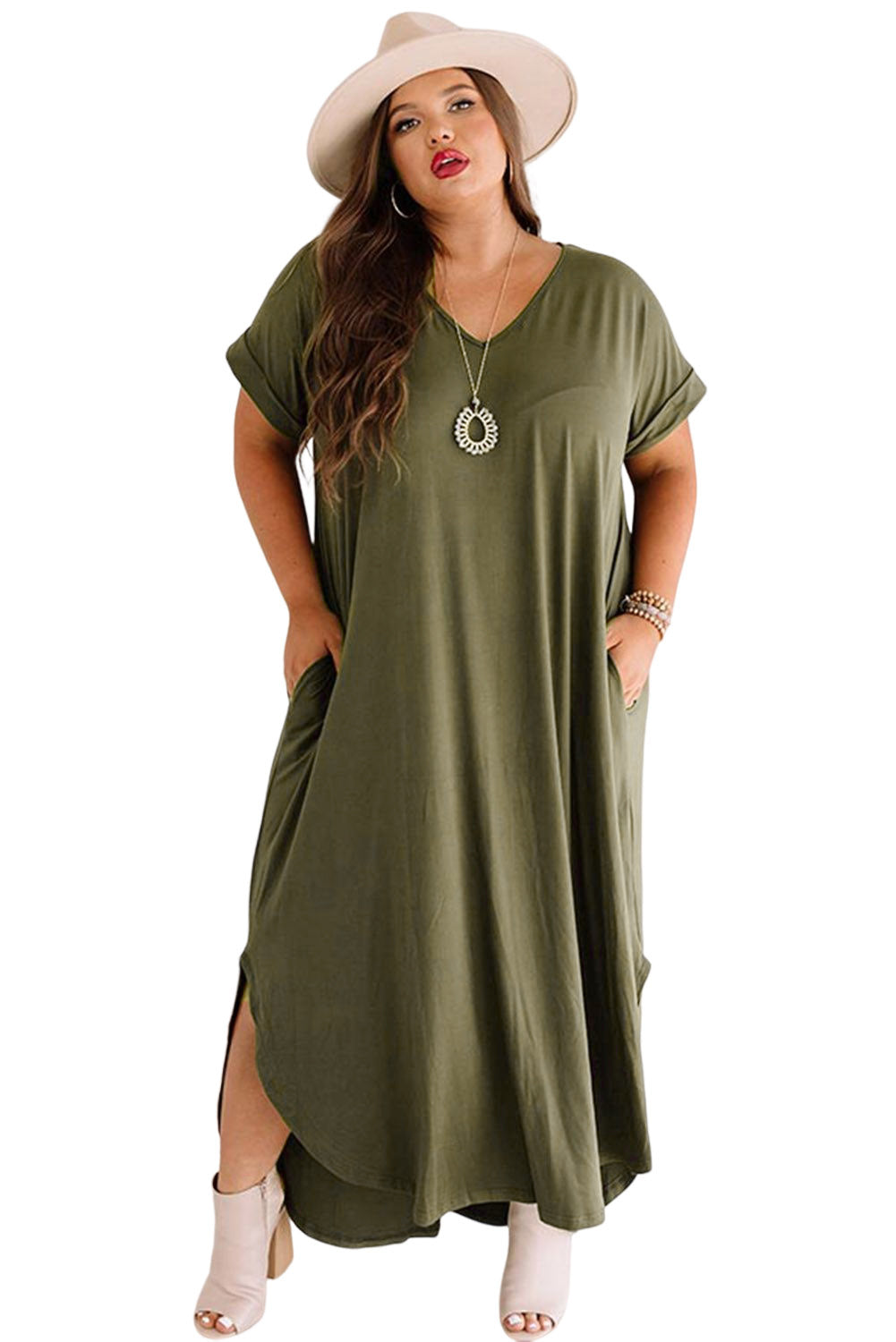 V Neck Rolled Cuffs Plus Size Maxi Dress