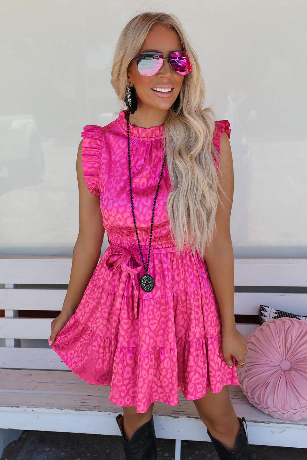 Rosy Satin Jacquard Sleeveless A-Line Leopard Print Dress