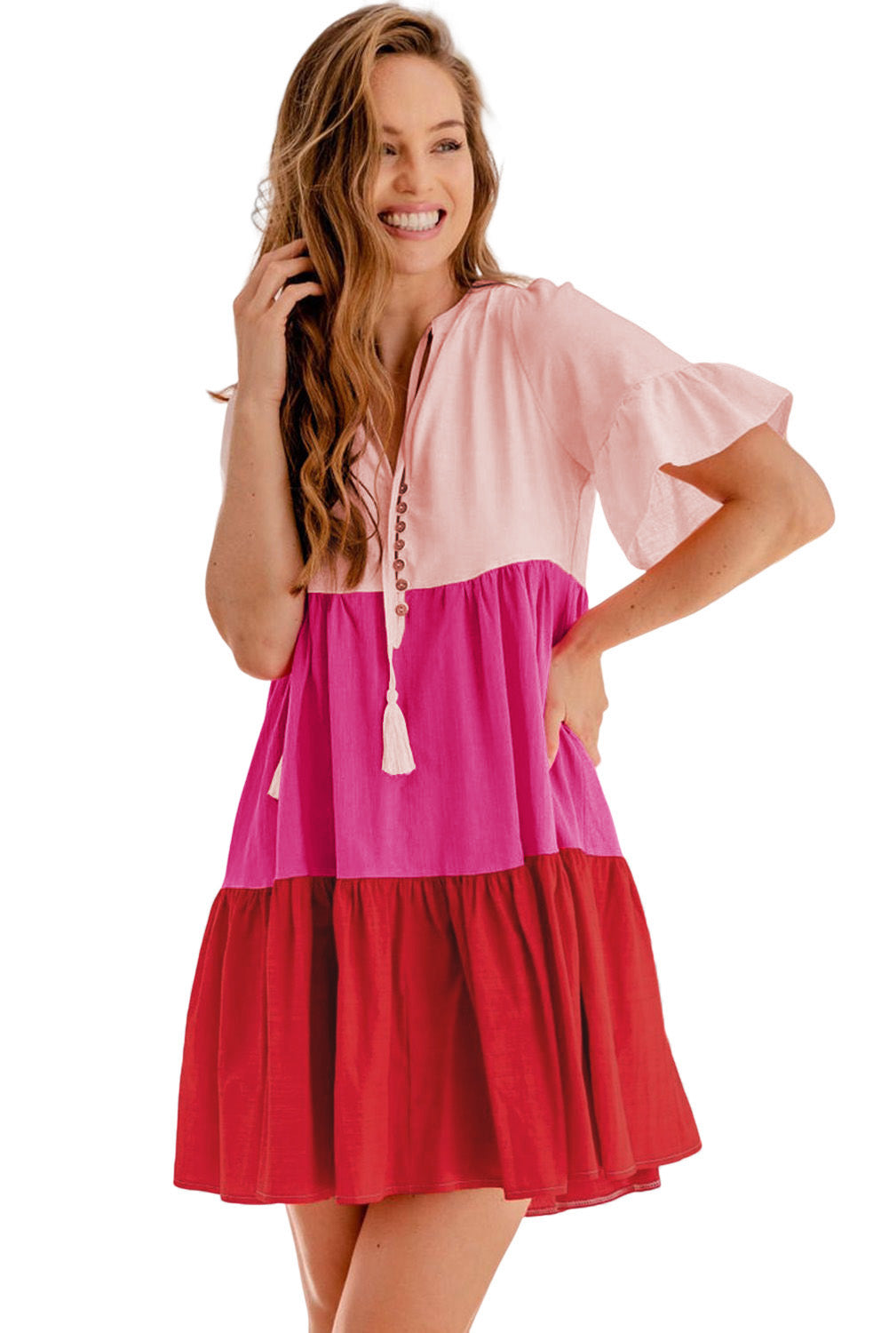 Multicolor Frill Tiered Colorblock Casual A-line Dress