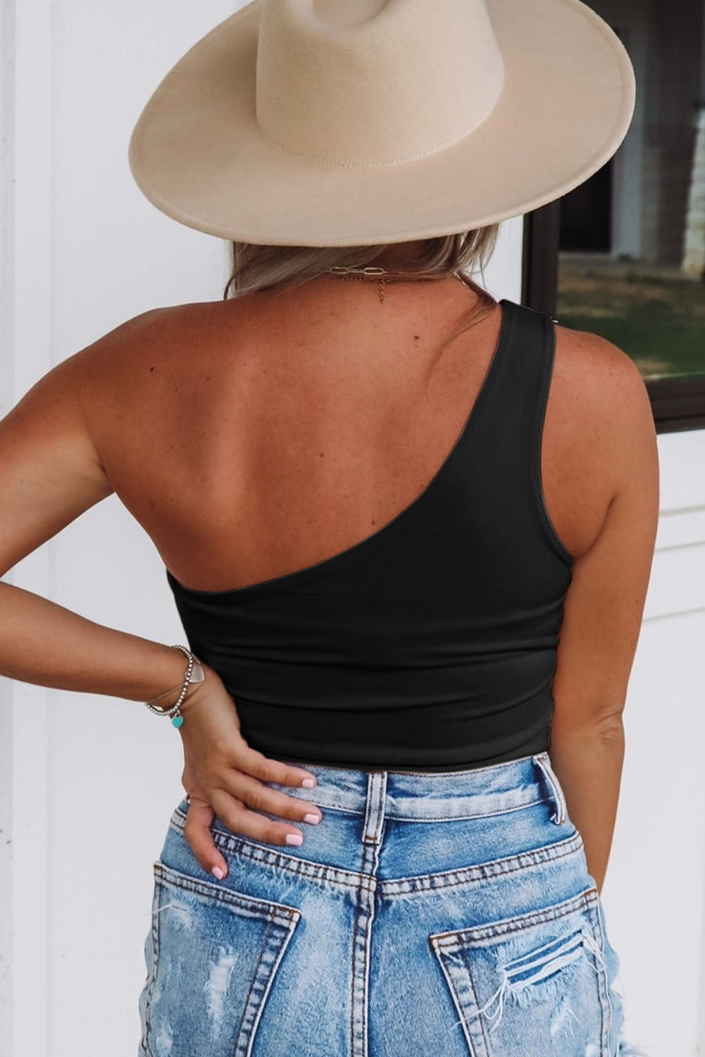 Plain Casual Sleeveless One Shoulder Tie Front Crop Top