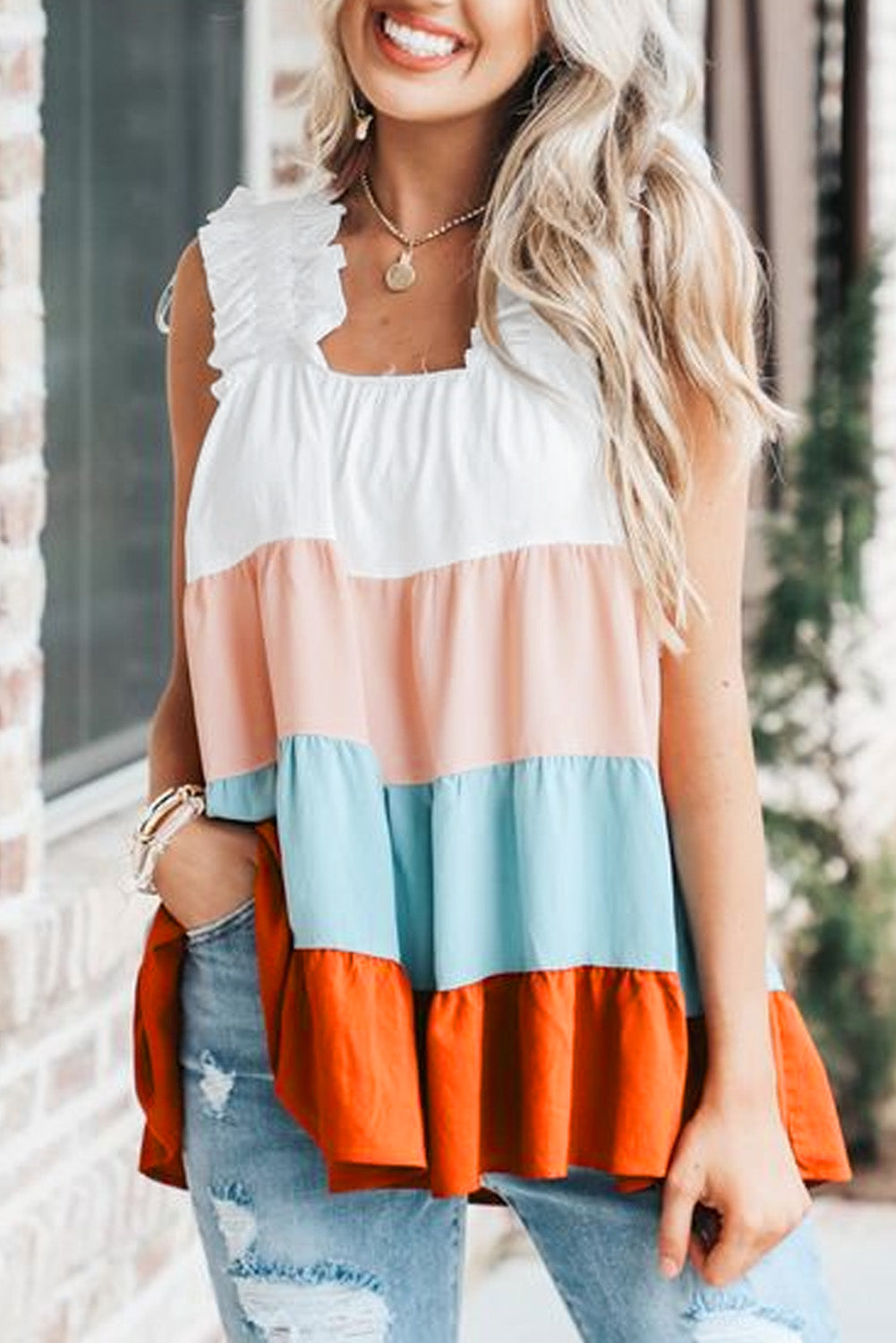 Multicolor Frill Tiered Colorblock Casual A-line Dress