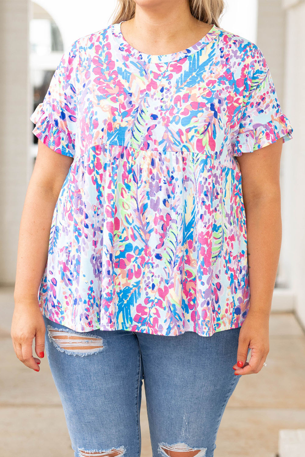 Abstract Print Wrap V Neck Flutter Sleeve Mid Length Summer Dress