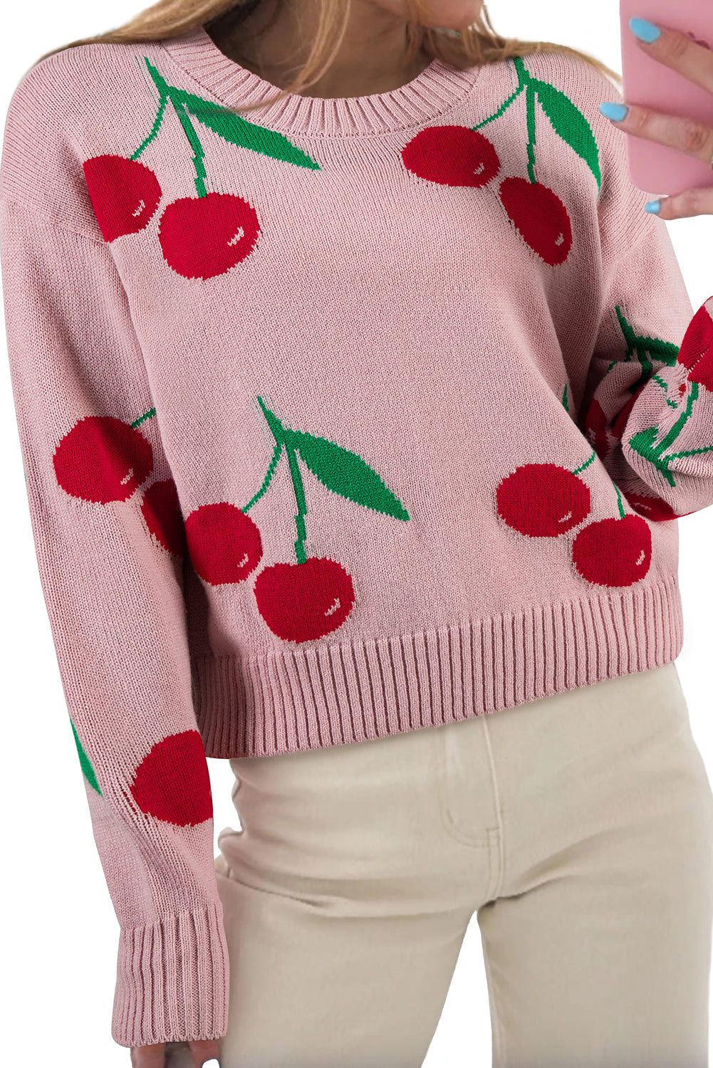 Pink Cherry Print Round Neck Knit Sweater