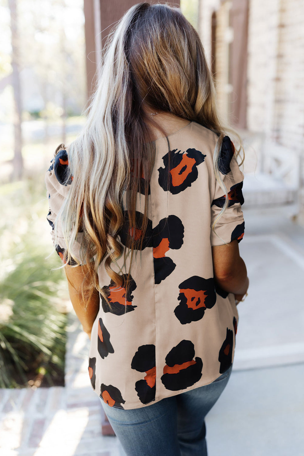 V Neck Ruched Short Sleeve Leopard Print Short Sleeve Blouse