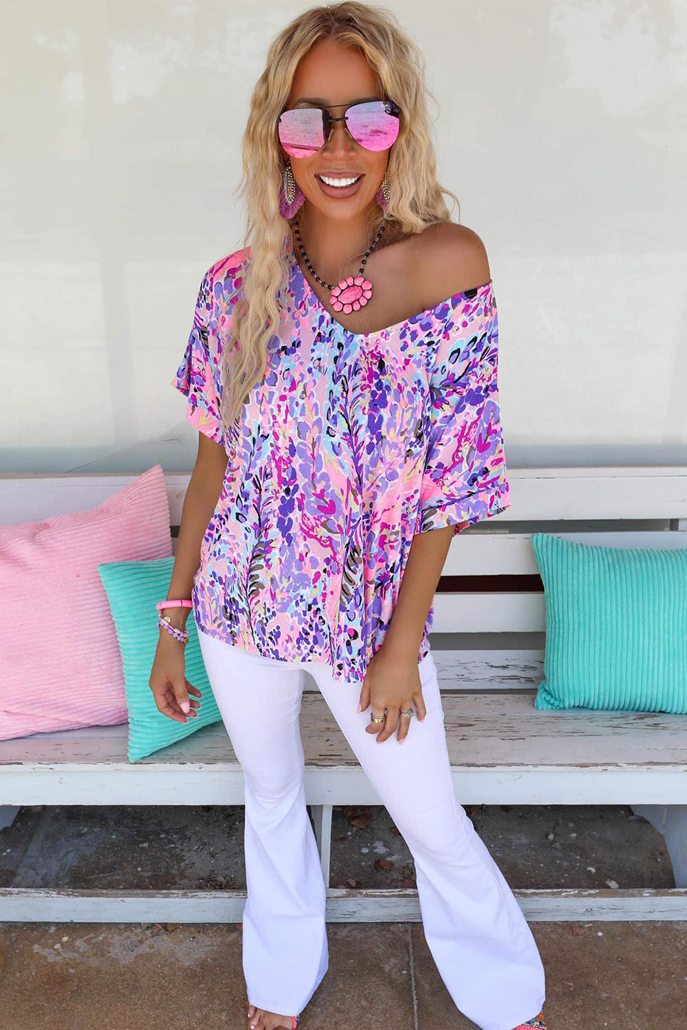 Abstract Print Wrap V Neck Flutter Sleeve Mid Length Summer Dress