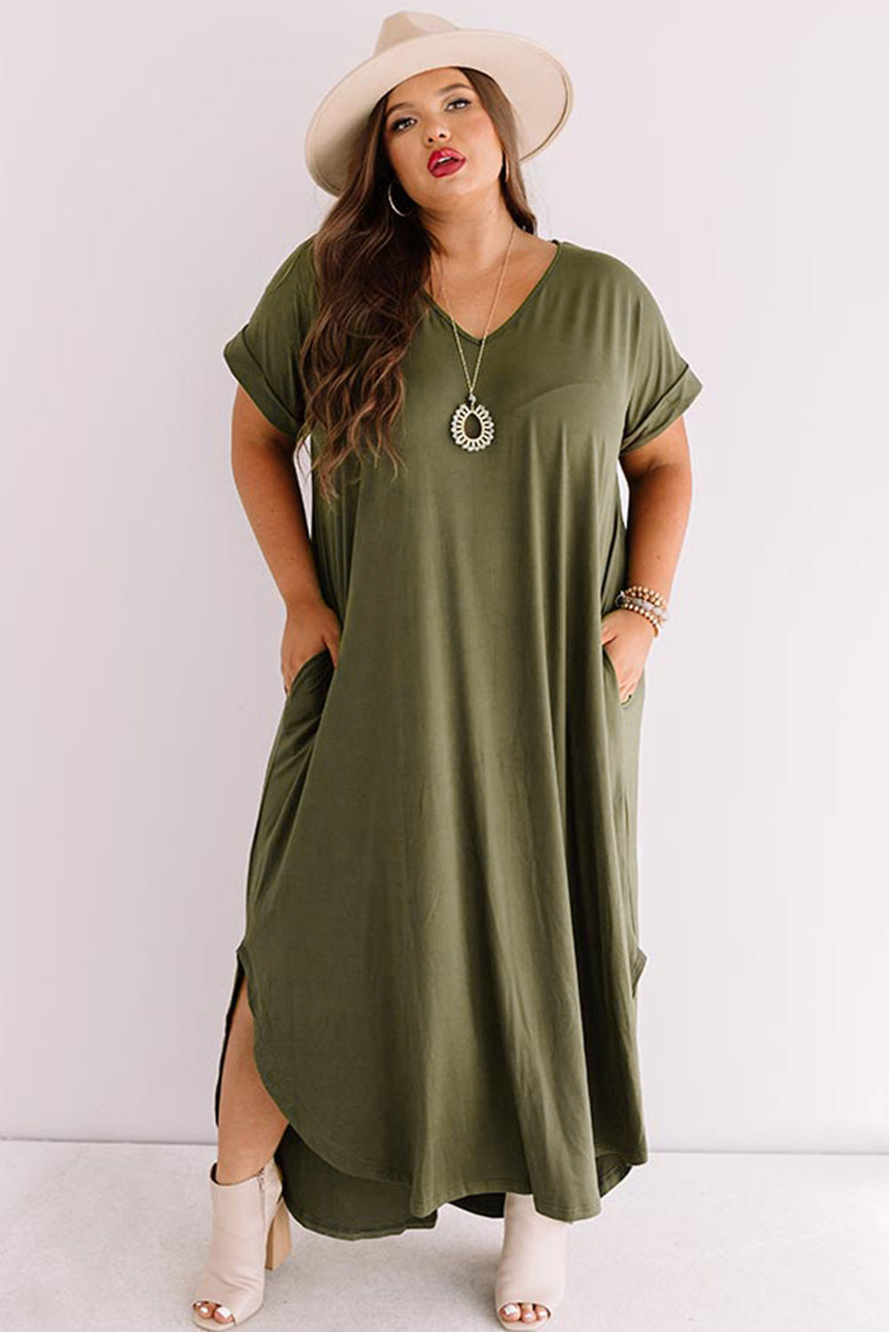 V Neck Rolled Cuffs Plus Size Maxi Dress