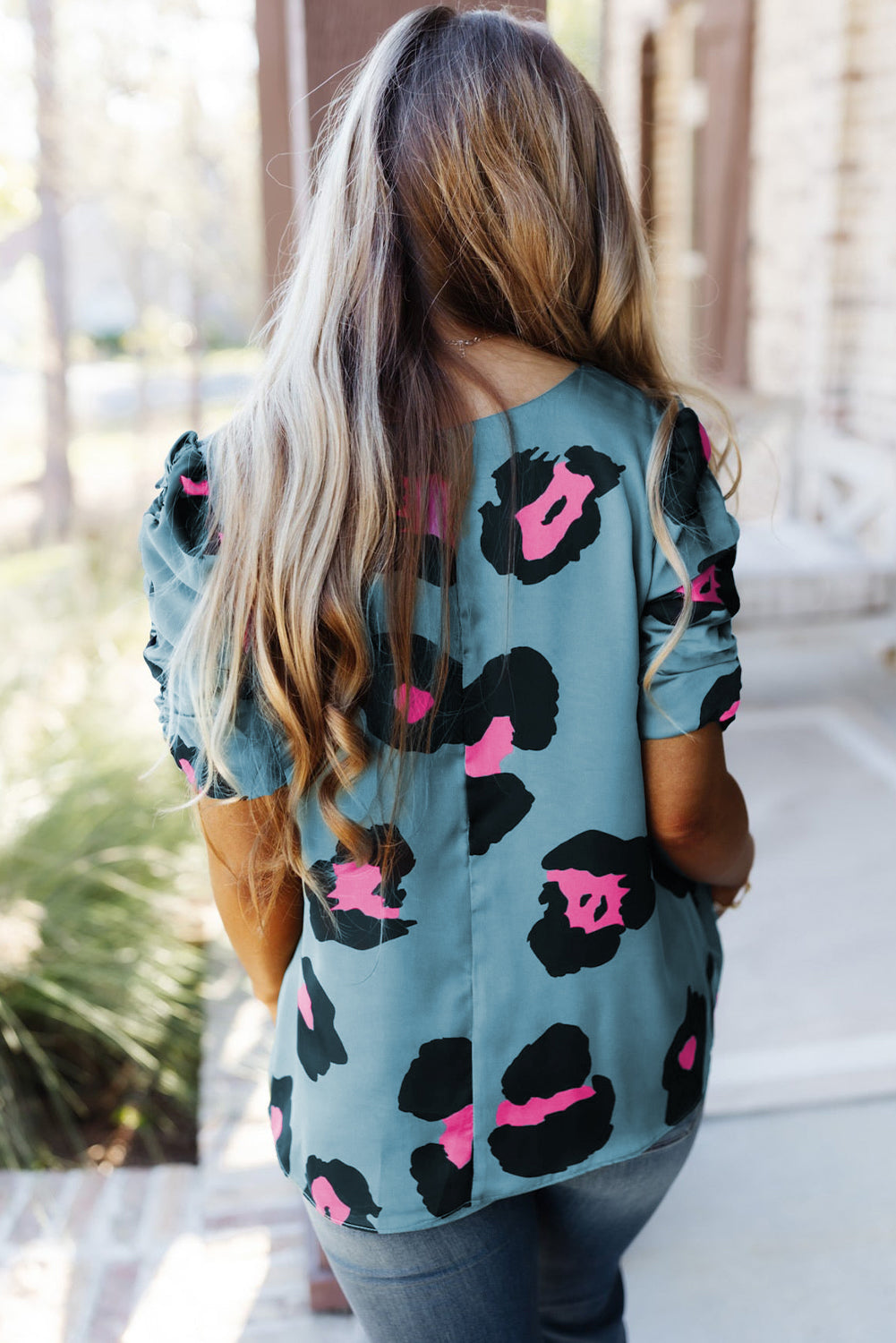 V Neck Ruched Short Sleeve Leopard Print Short Sleeve Blouse