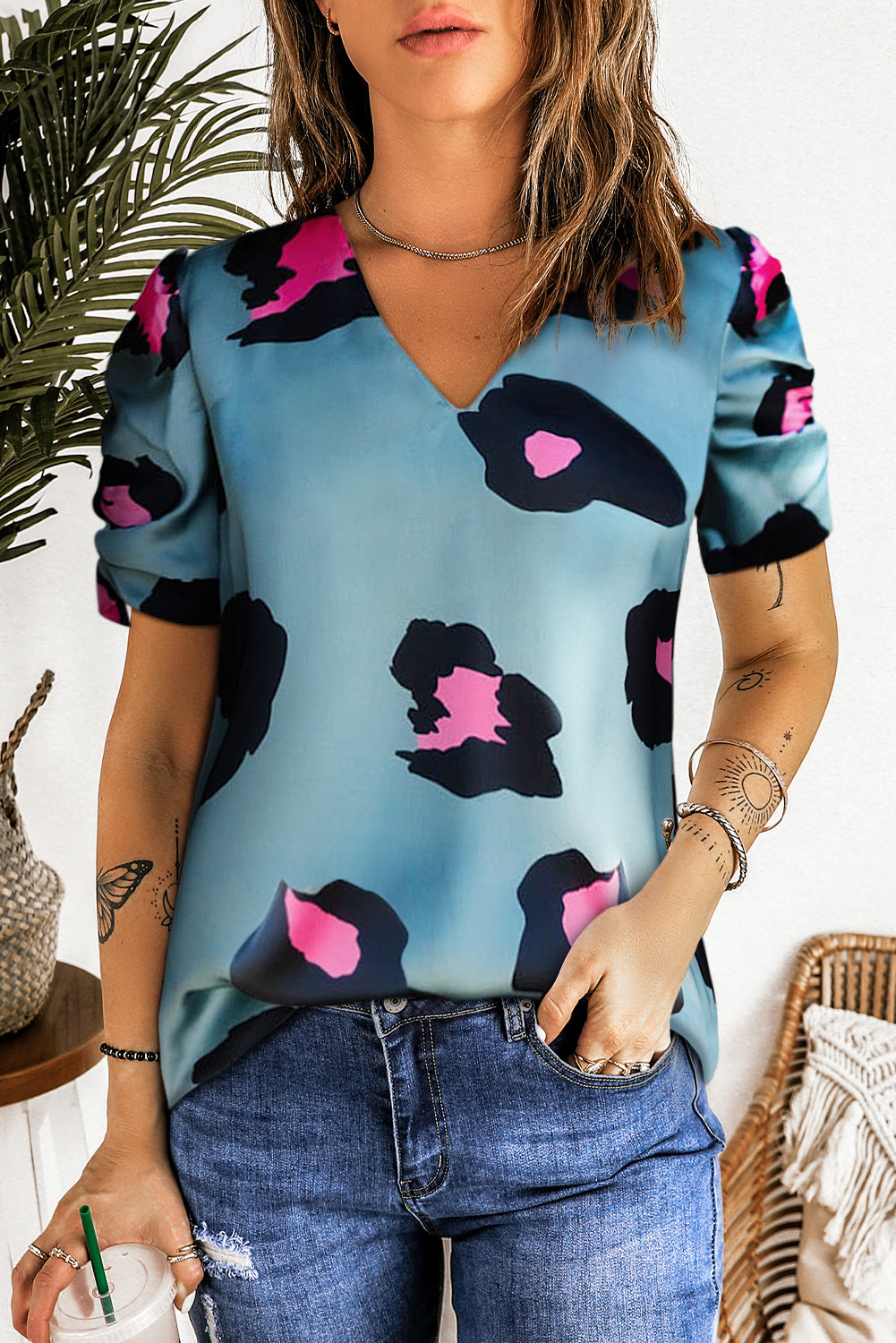 V Neck Ruched Short Sleeve Leopard Print Short Sleeve Blouse