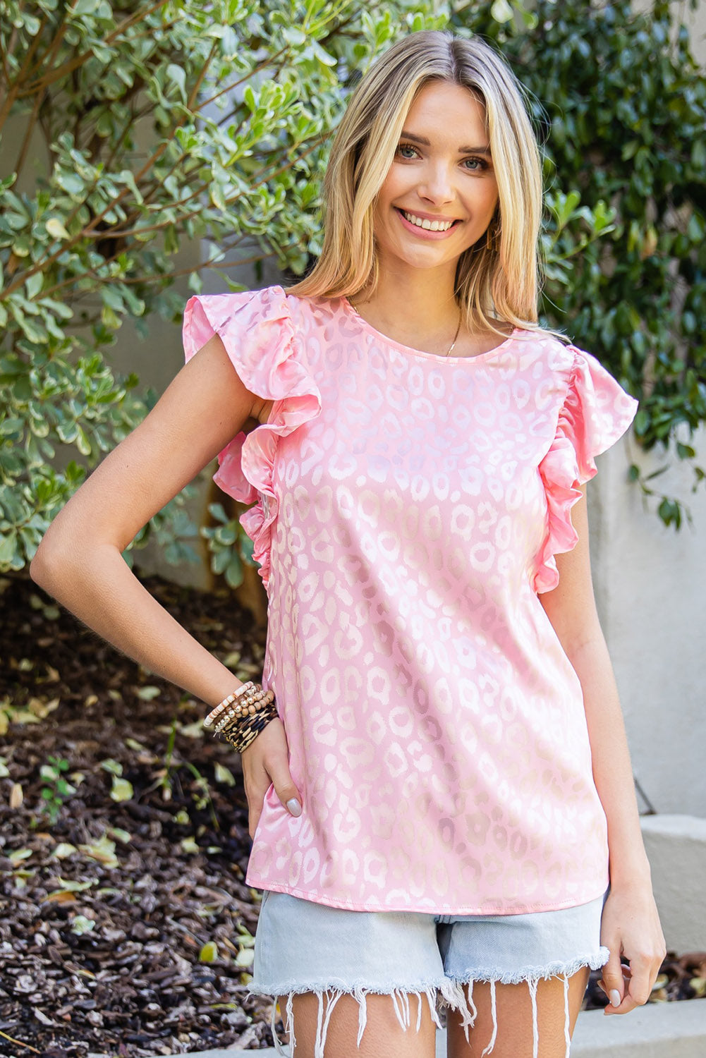 Rosy Satin Jacquard Sleeveless A-Line Leopard Print Dress