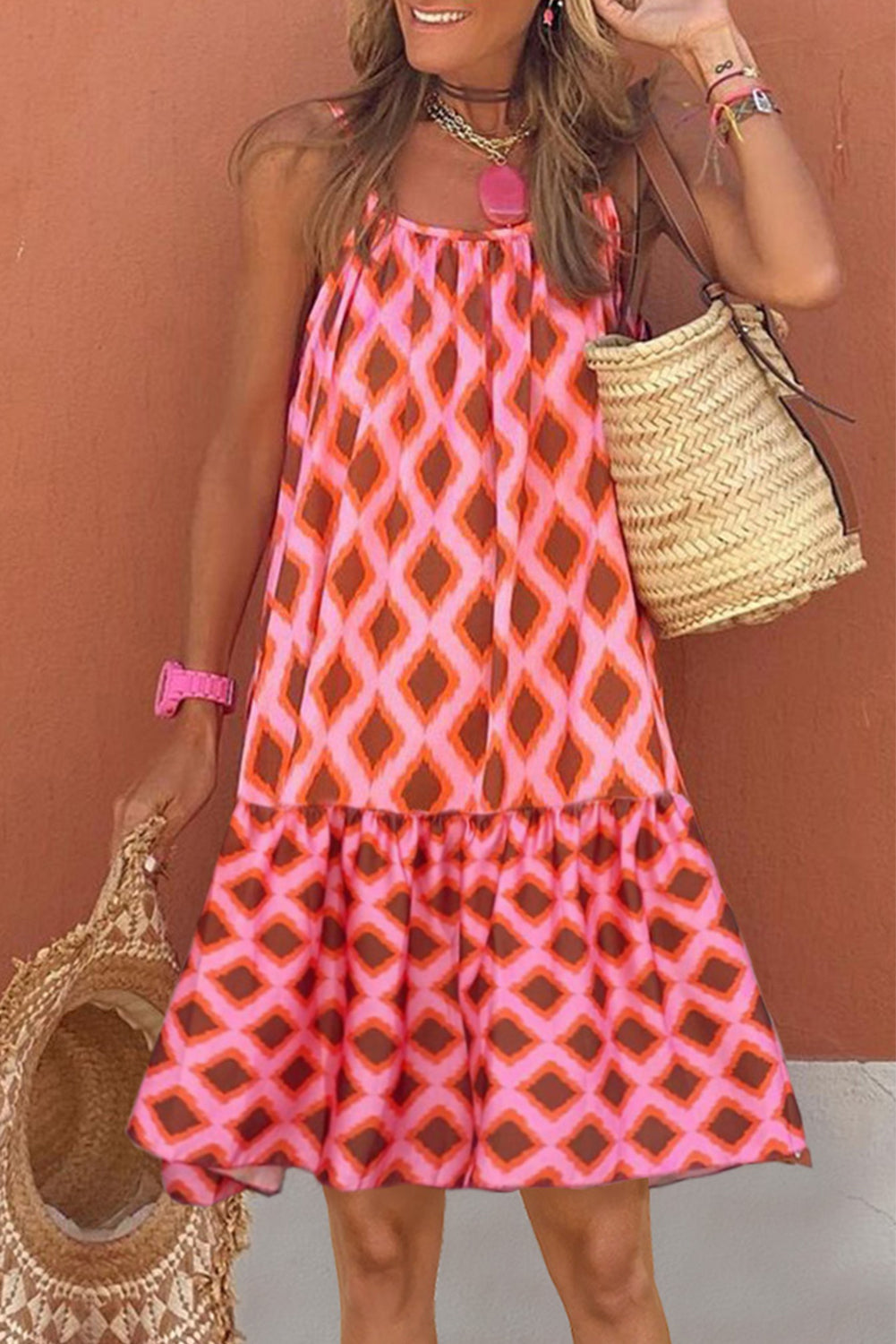 Geometric Print Loose Fit Sleeveless Maxi Dress