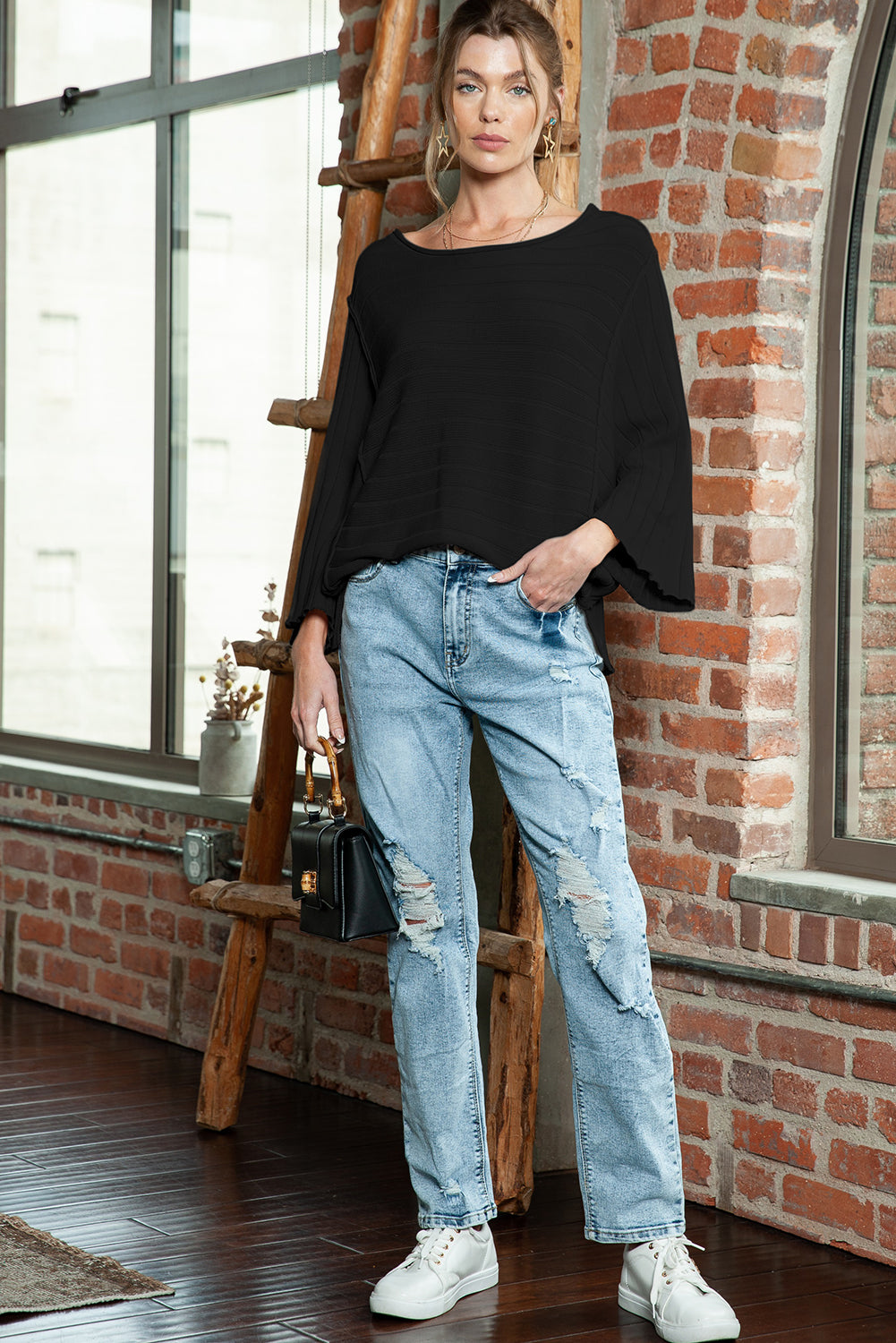 Brown Ribbed Knit Exposed Seam Dolman Sweater