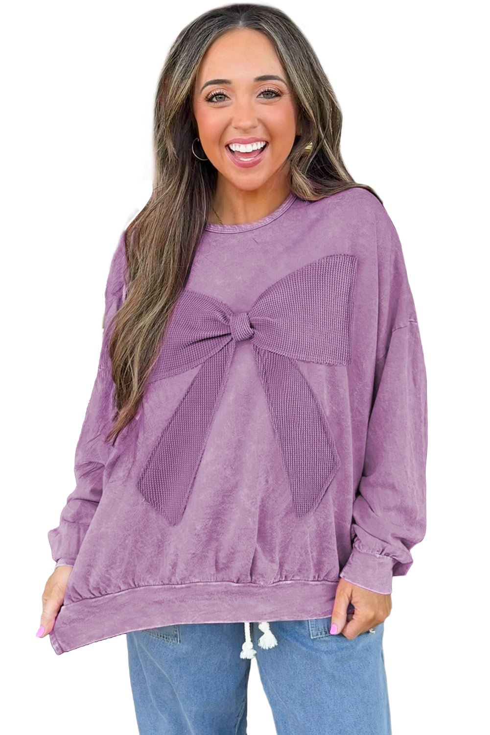 Bright Pink Mineral Wash Waffle Bow Patched Pullover Sweatshirt