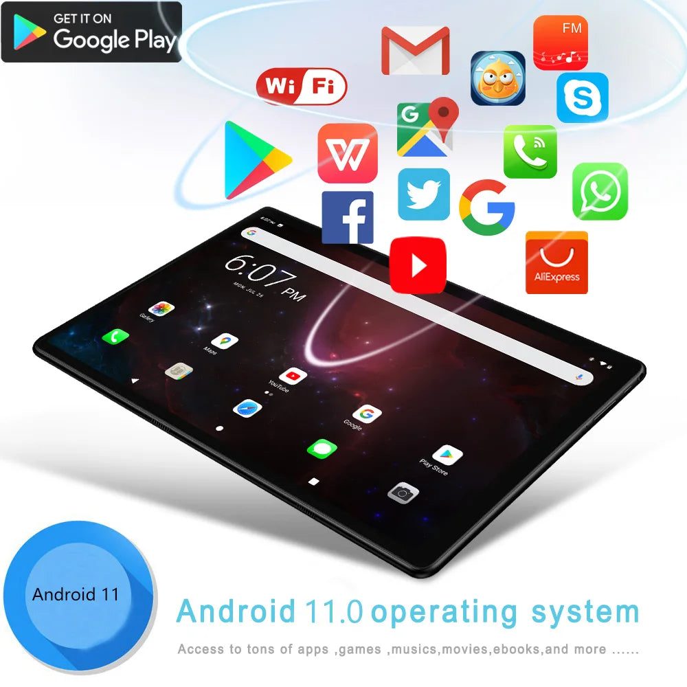 10.1" Tablet with 4GB RAM 64GB ROM Dual Sim Card for cellular calls & more.