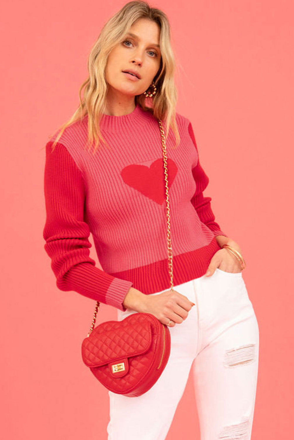 Valentine Colorblock Heart Print Ribbed Sweater