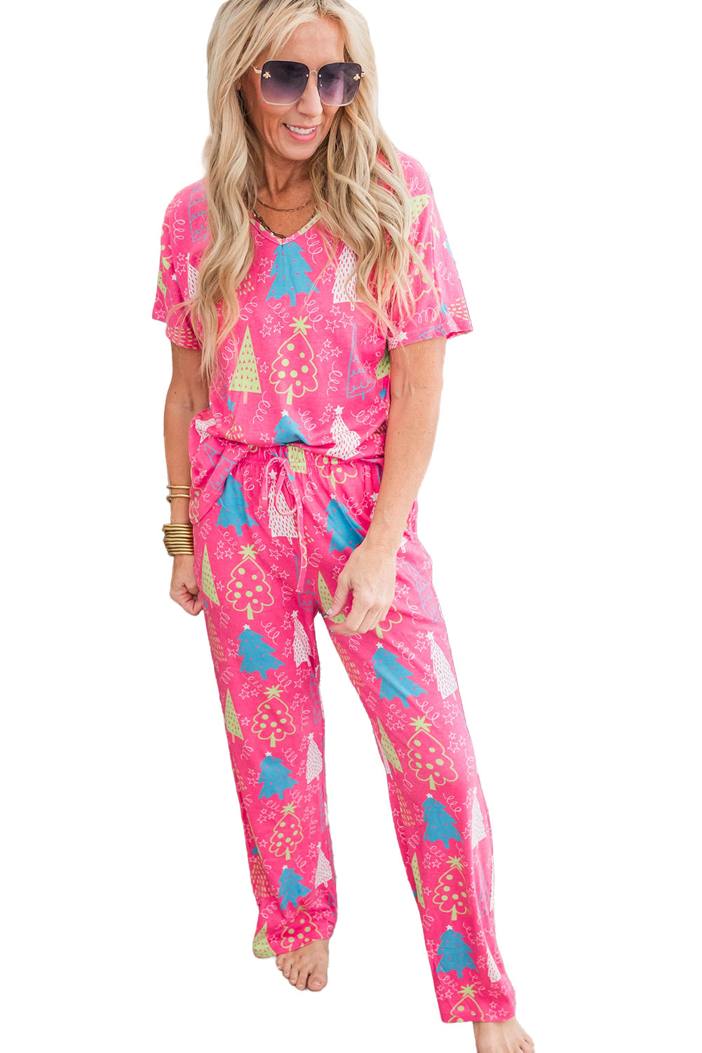 Christmas Tree Print V Neck Tee and Pants Pajama Set