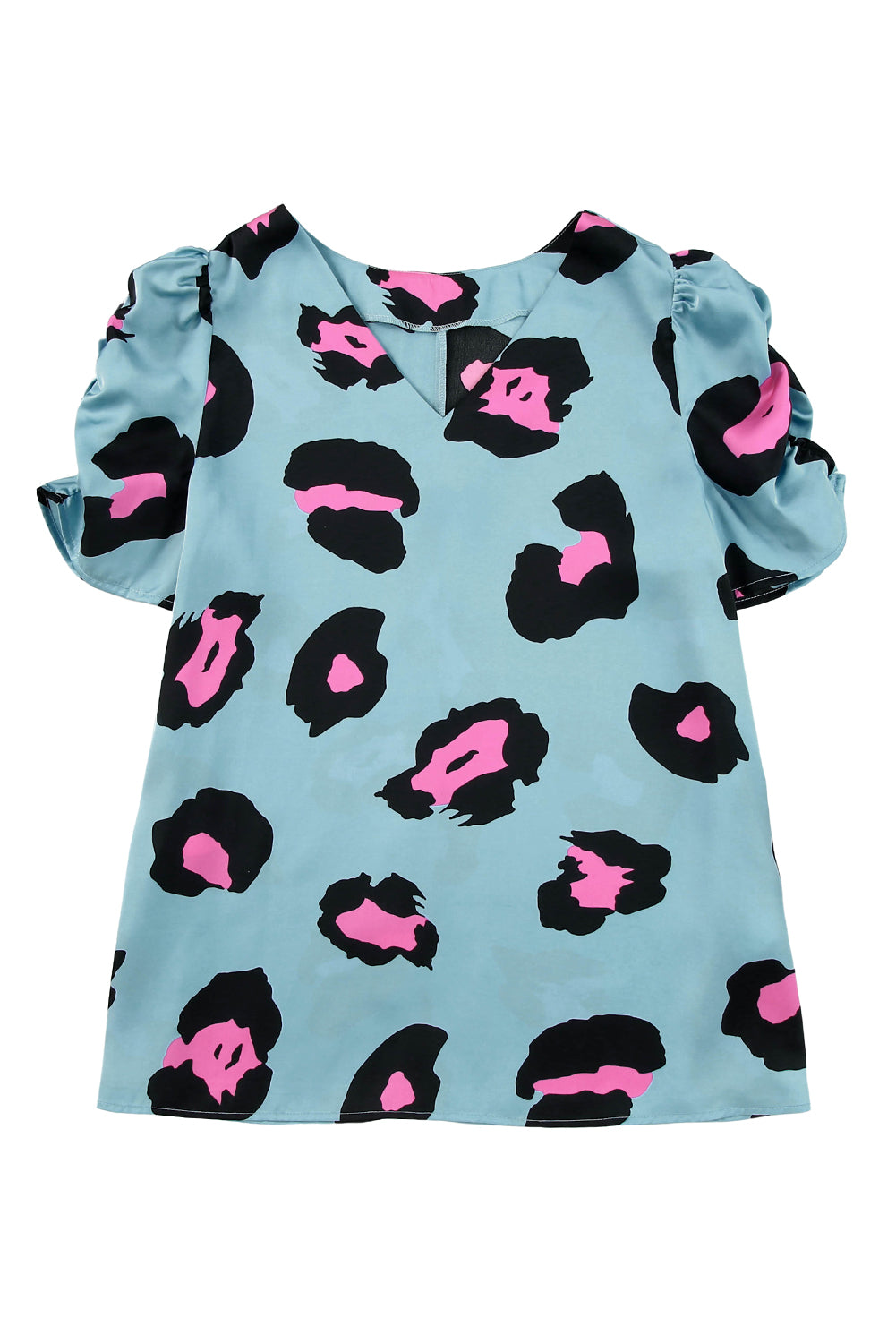 V Neck Ruched Short Sleeve Leopard Print Short Sleeve Blouse