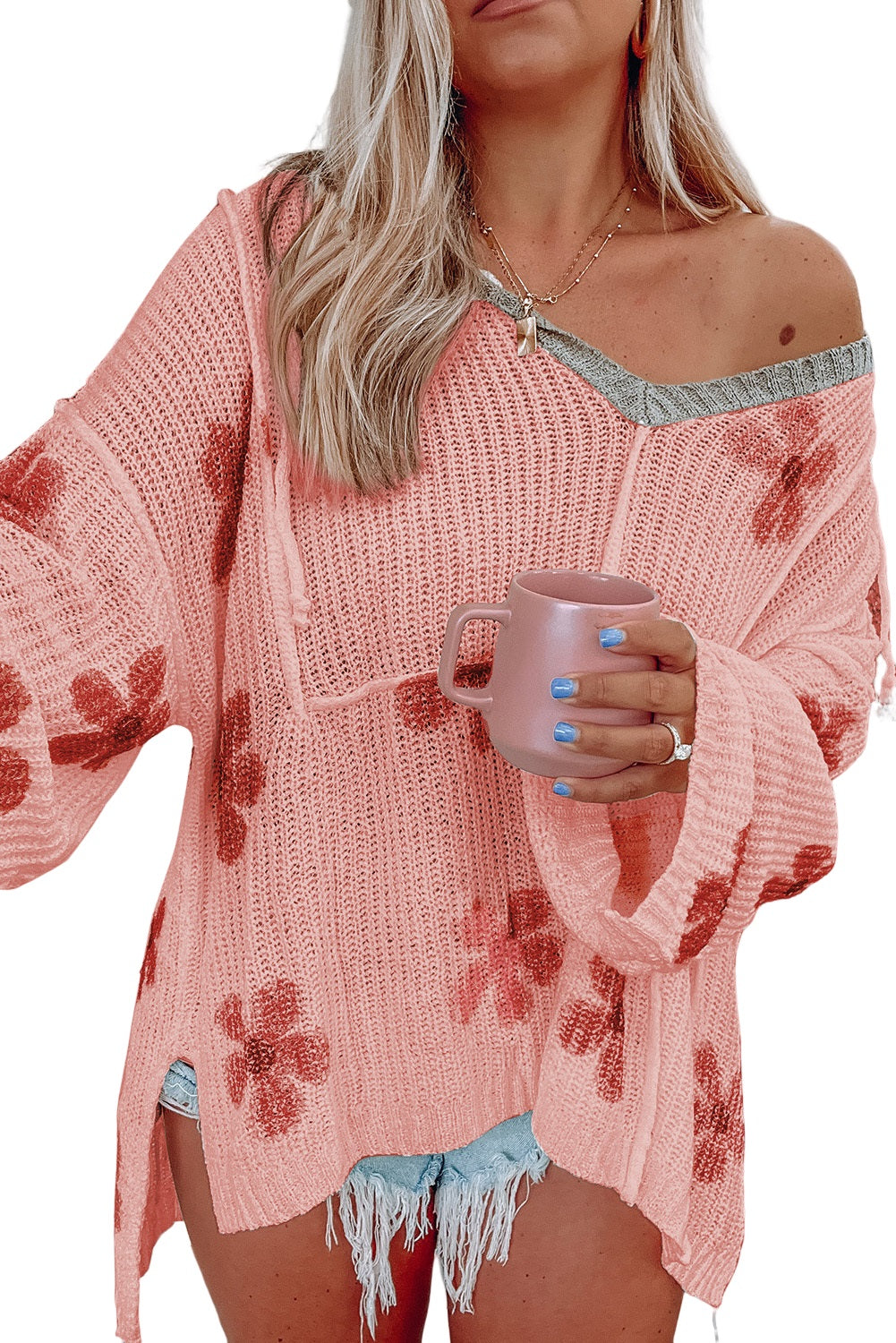 Apricot Floral Print Loose Knit Hooded Sweater