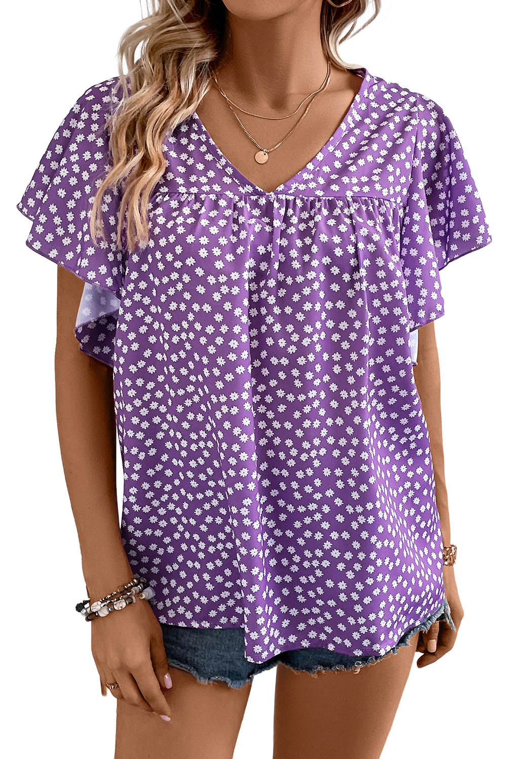 Blue Floral Print V Neck Ruffle Sleeve Blouse