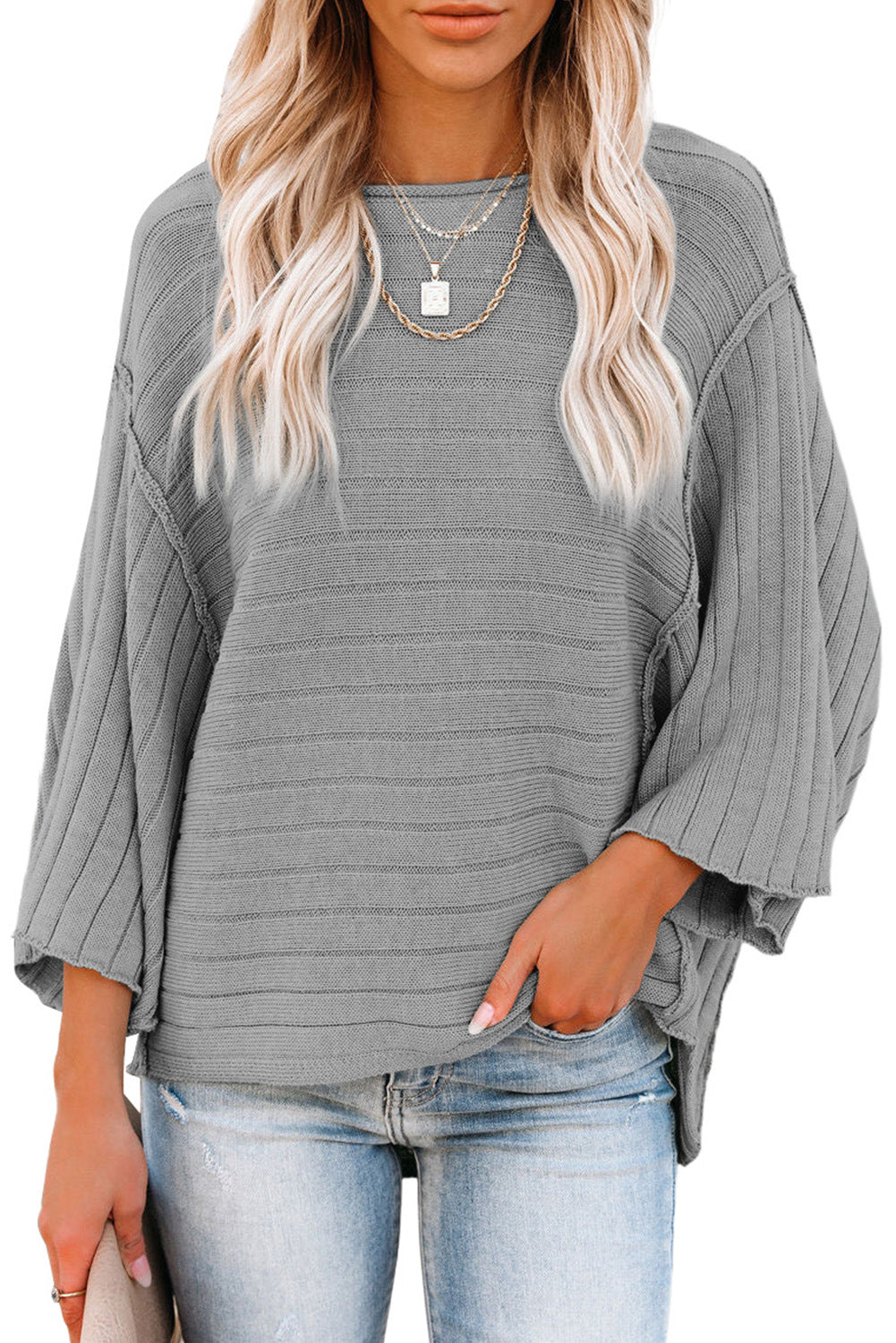 Brown Ribbed Knit Exposed Seam Dolman Sweater