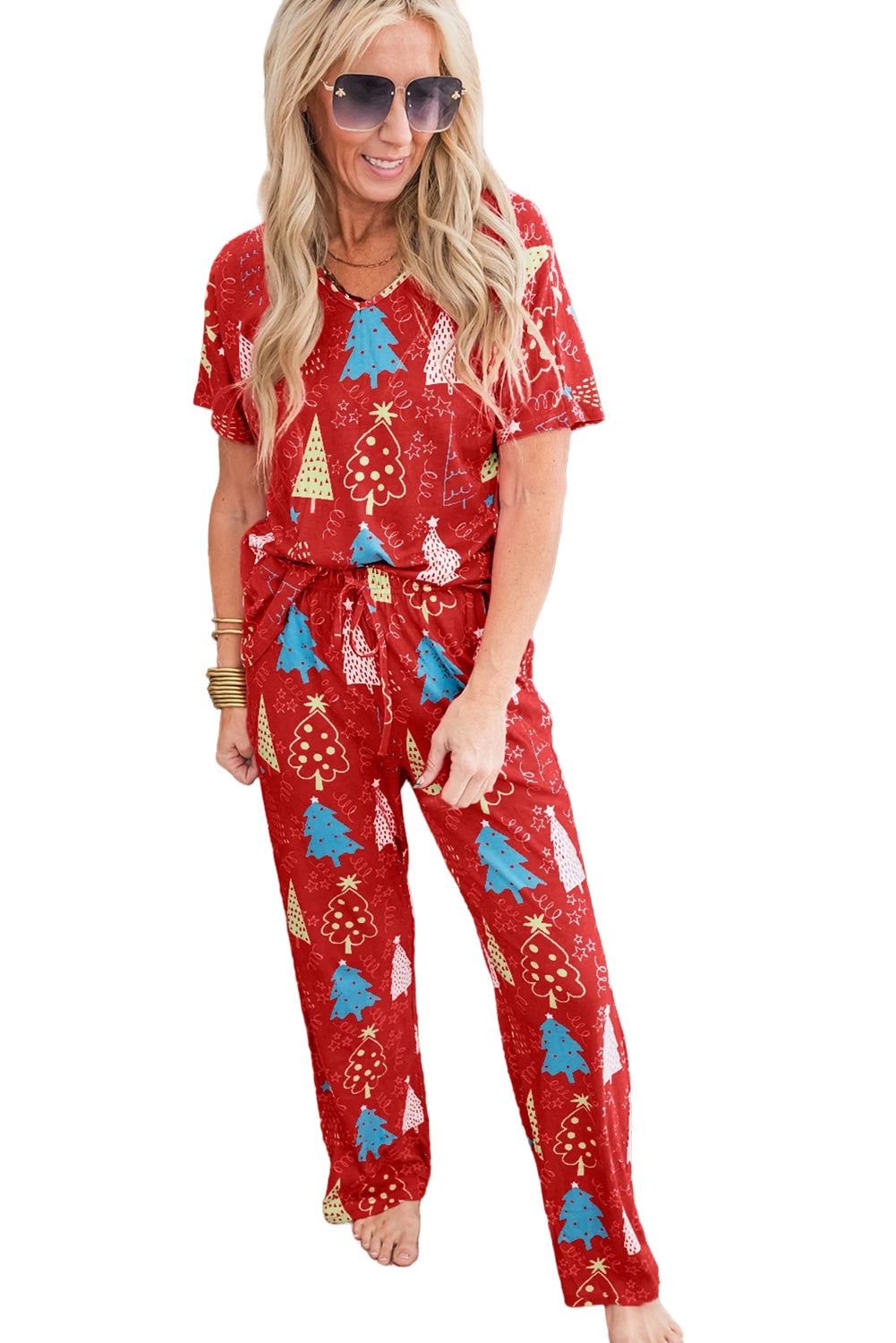 Christmas Tree Print V Neck Tee and Pants Pajama Set