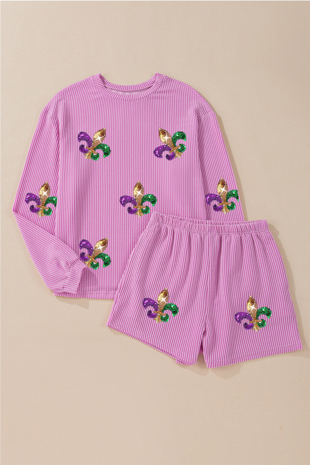 Phalaenopsis Mardi Gras Graphic Patched Corded Long Sleeve Top and Shorts