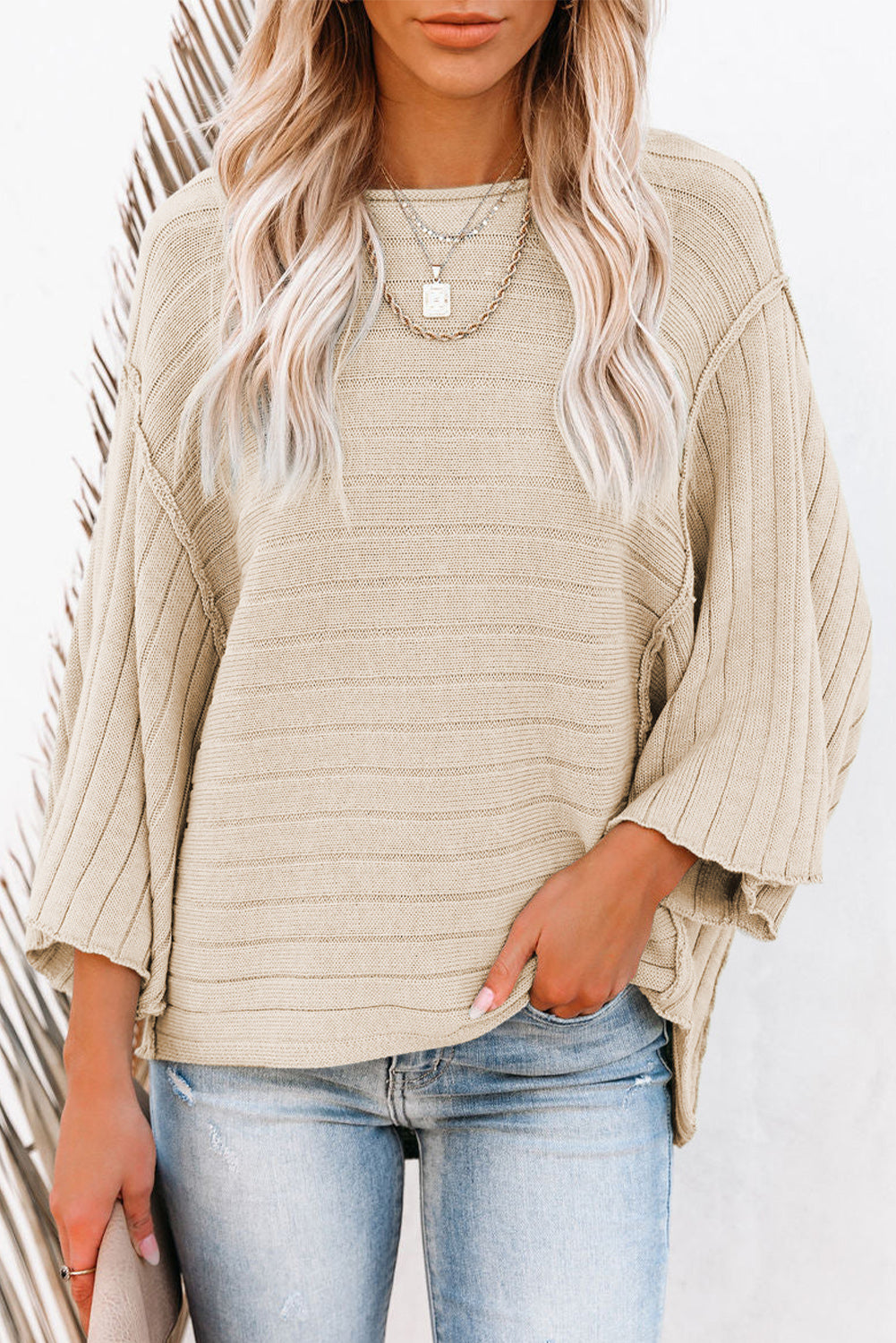 Brown Ribbed Knit Exposed Seam Dolman Sweater