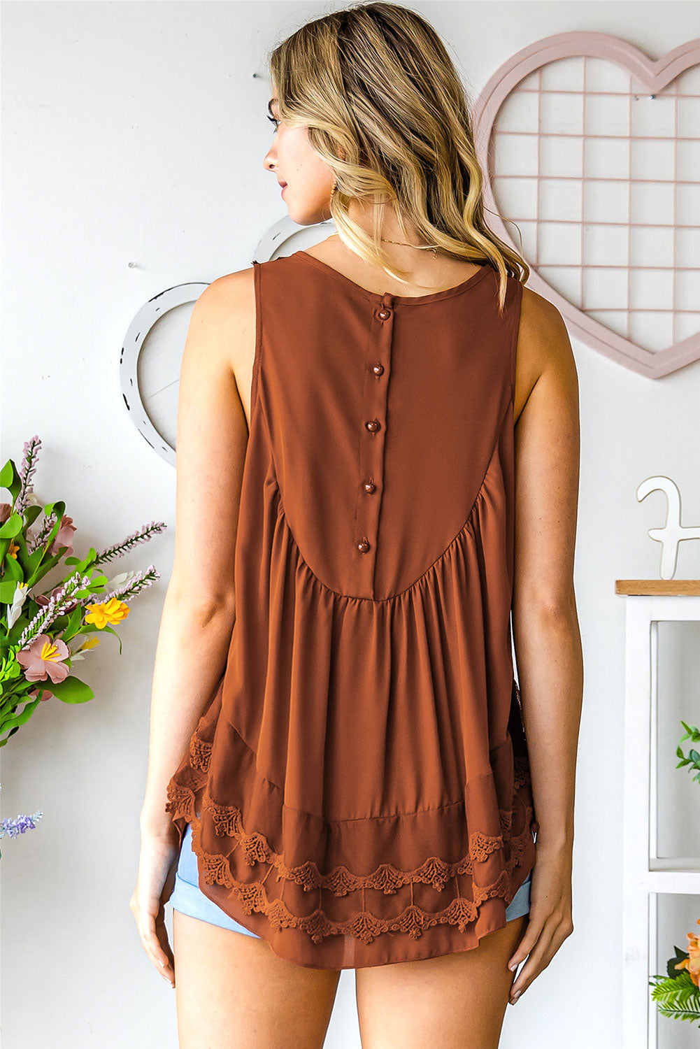 Casual Contrast Lace Crochet Button Back Sleeveless Shirt