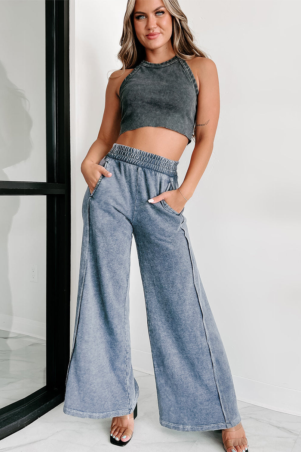 Apricot Pink Mineral Washed Smocked Wide Leg Pants