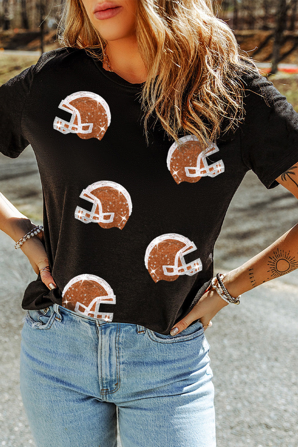 Black Sequin Footballl Helmet Graphic Crewneck T Shirt