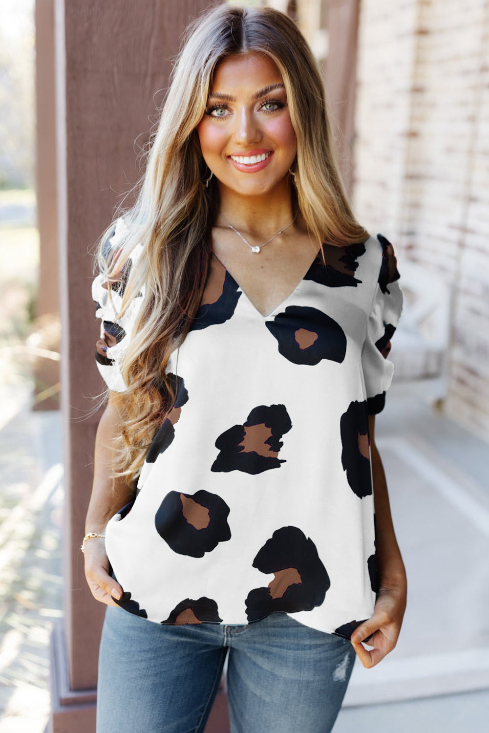 V Neck Ruched Short Sleeve Leopard Print Short Sleeve Blouse