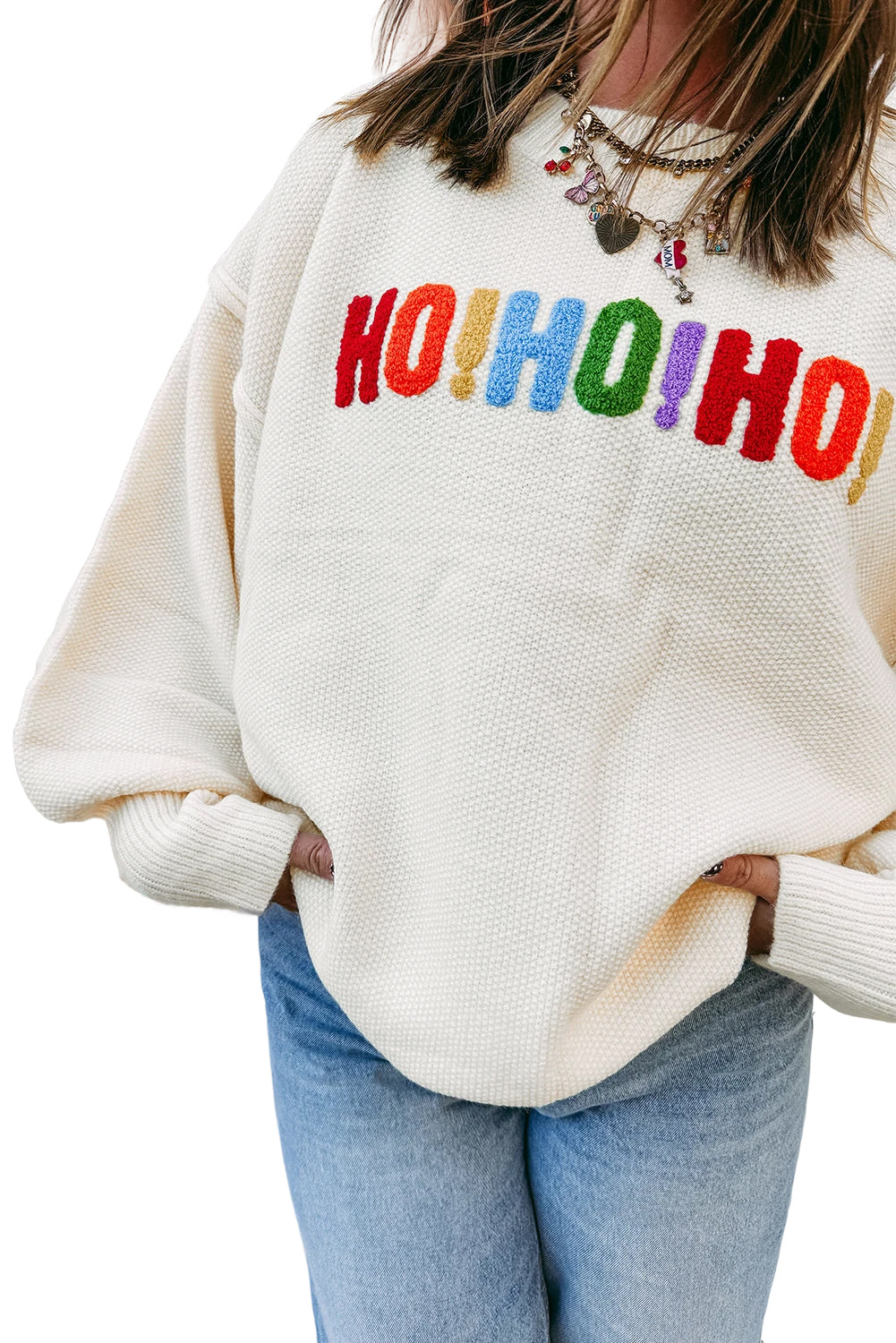White Chenille Graphic Drop Shoulder Holiday Sweater