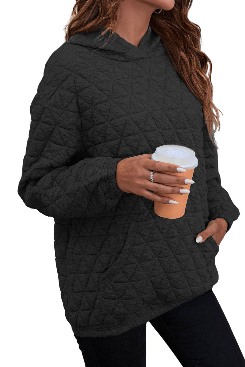Coffee Thermal Quilted Kangaroo Pocket Hoodie