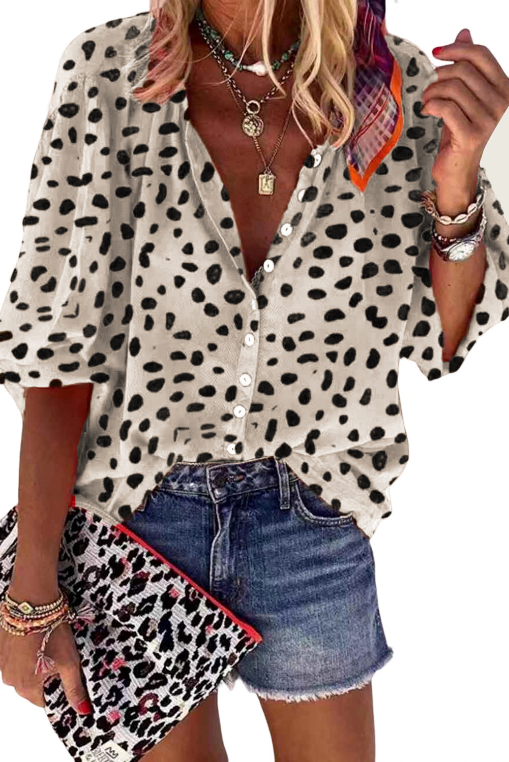 Chestnut Print Bishop Sleeve Button Up Shirt
