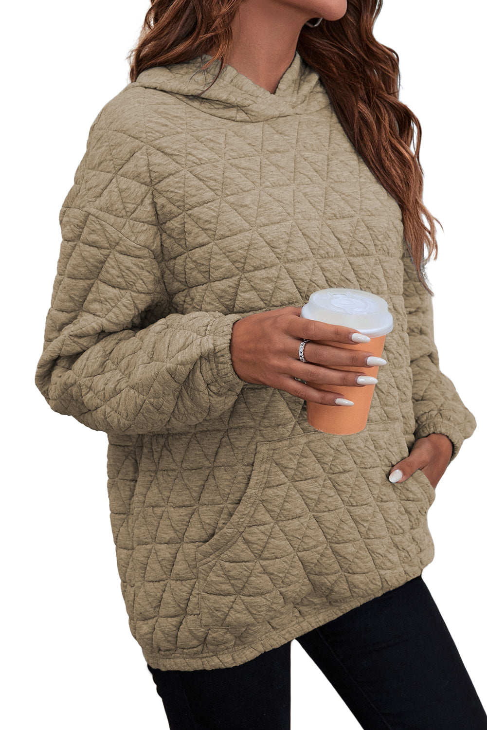 Coffee Thermal Quilted Kangaroo Pocket Hoodie