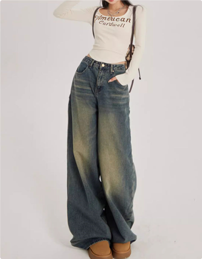 Faded High Waisted Wide Leg Jeans for Women