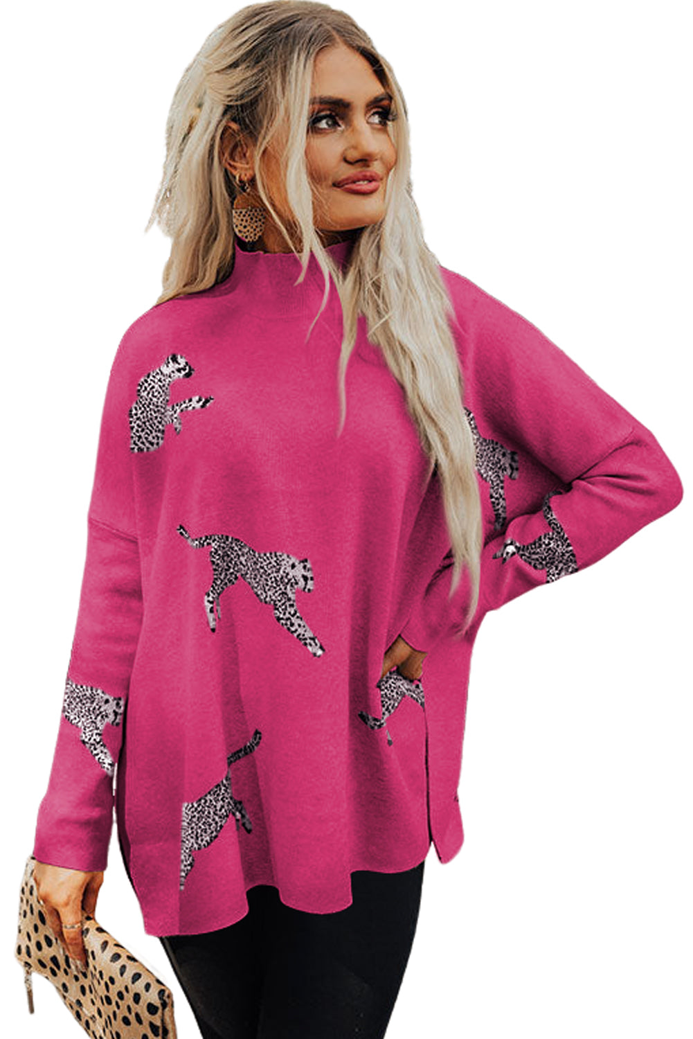 Cheetah Print High Neck Split Hem Sweater