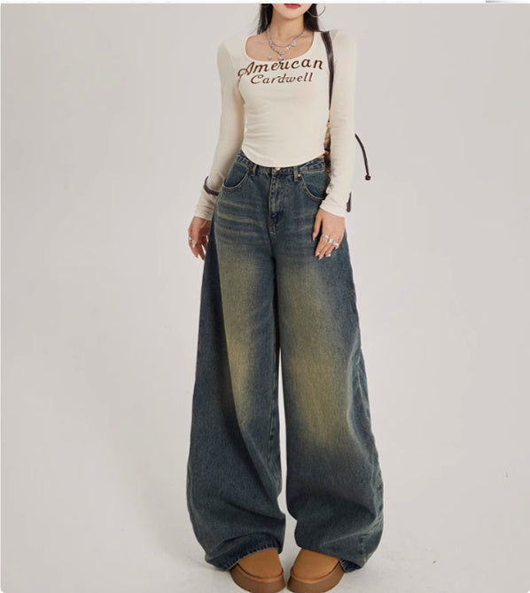 Faded High Waisted Wide Leg Jeans for Women