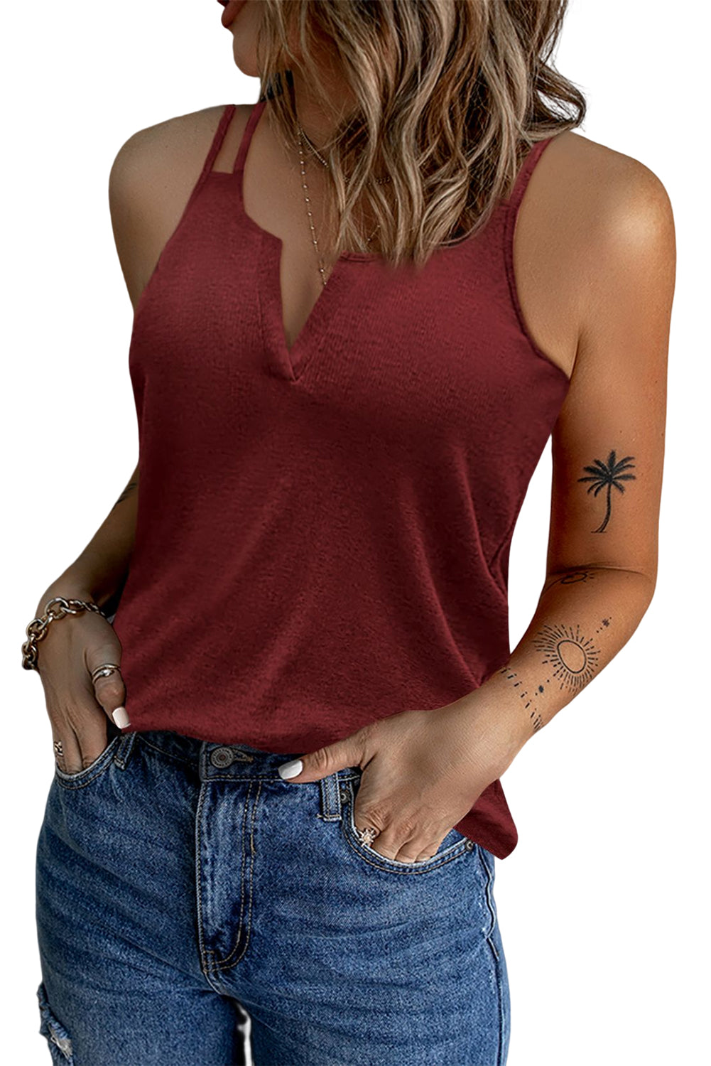 Plain Casual Split V Neck Tank Top for Women